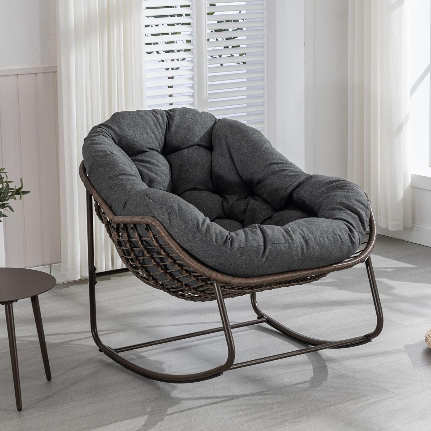 Luccalily Silla mecedora para porche delantero para interiores y exteriores, silla reclinable acolchada de ratán, para patio, jardín, sala de estar