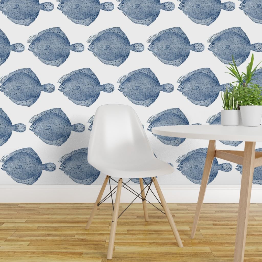 Spoonflower Papel tapiz extraíble de 12 x 2 pies – Ilustración vintage pez platija – Papel tapiz blanco y azul personalizado prepegado