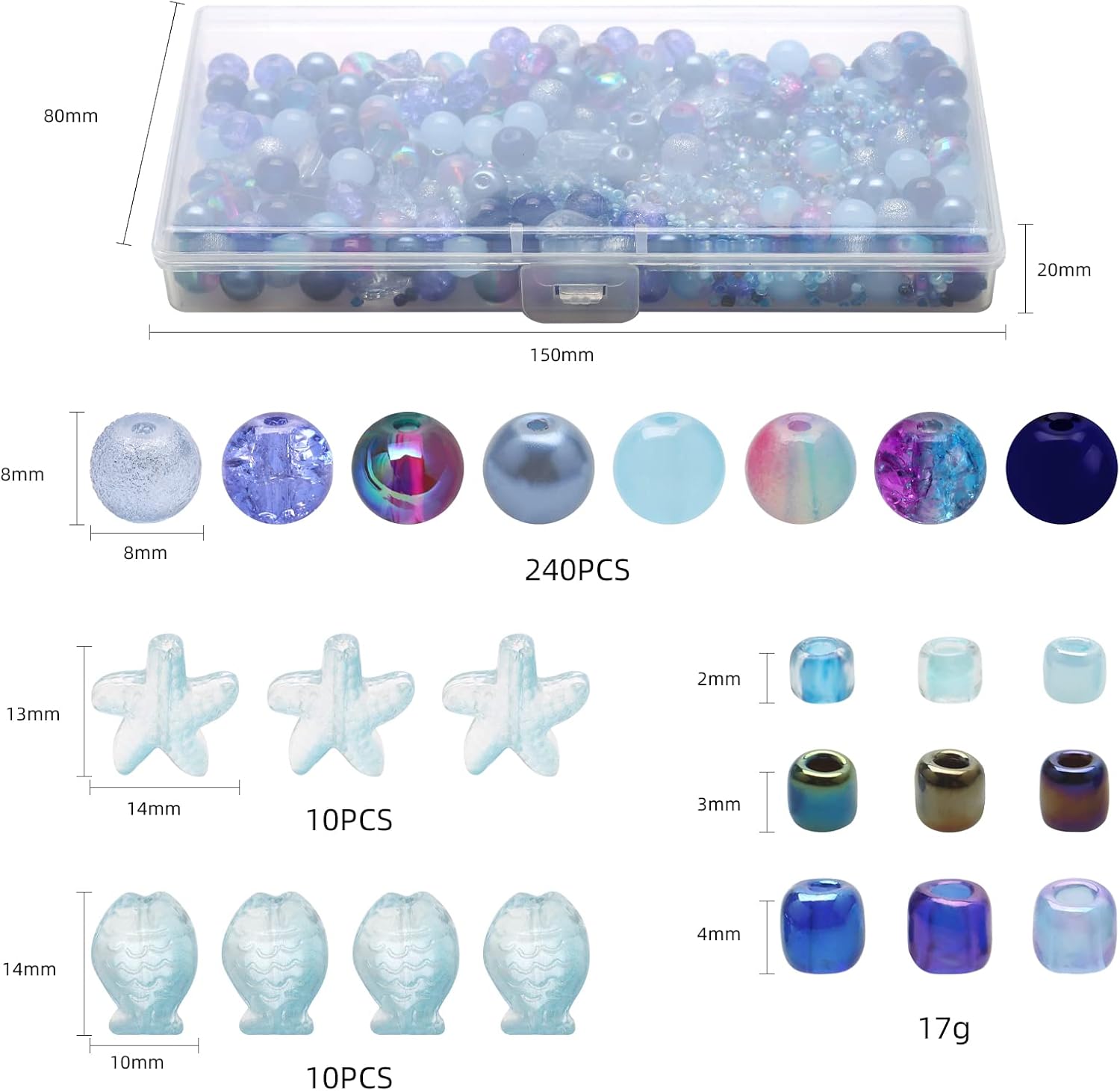 Rired 27 760 cuentas de pulsera de cristal surtidas para hacer joyas, 8 tipos de cuentas redondas de vidrio azul glamour con cuentas de estrella,