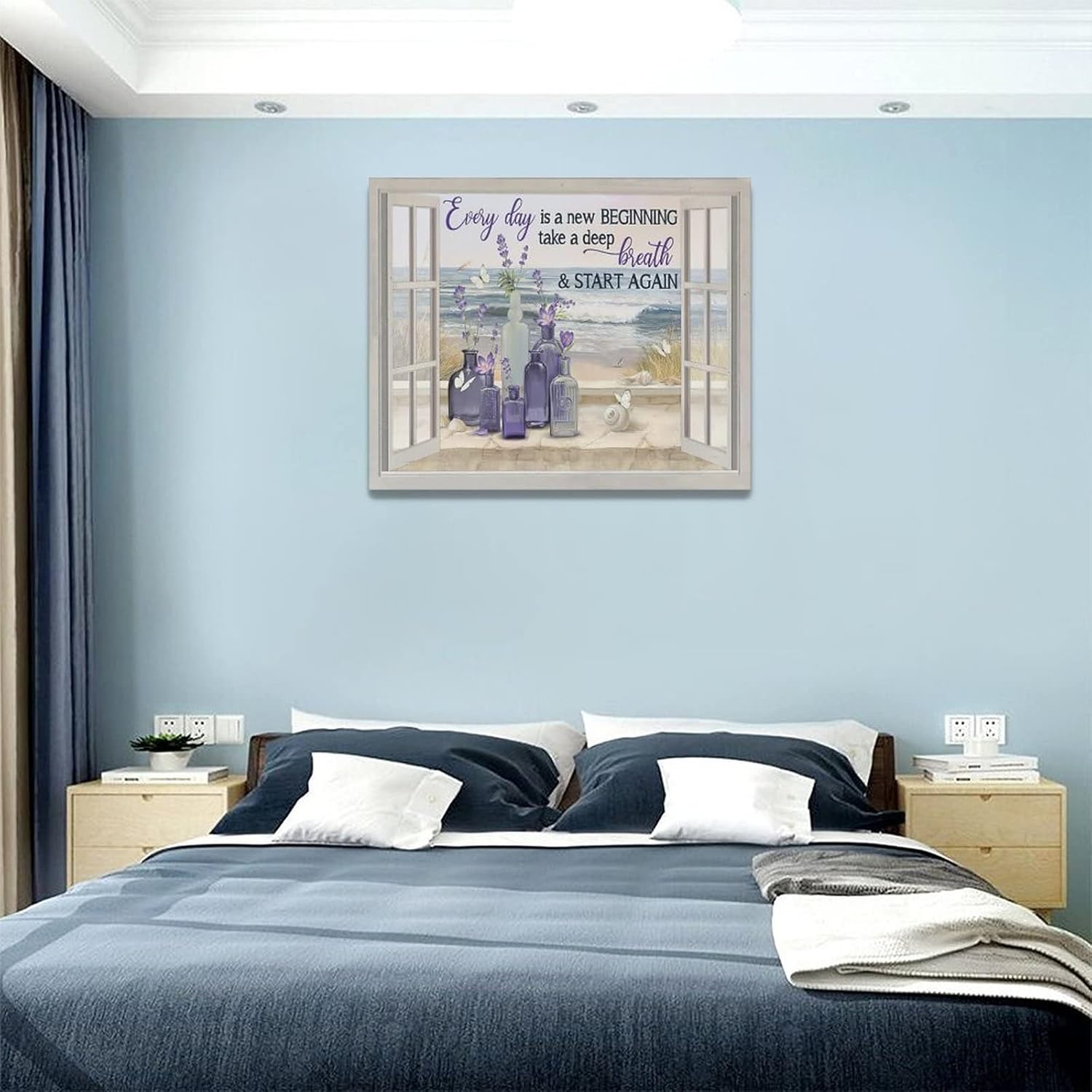 Decoración de pared de flores de lavanda de granja, arte de pared rústico, mariposa, morado, ventana, playa, cuadros para decoración de pared,