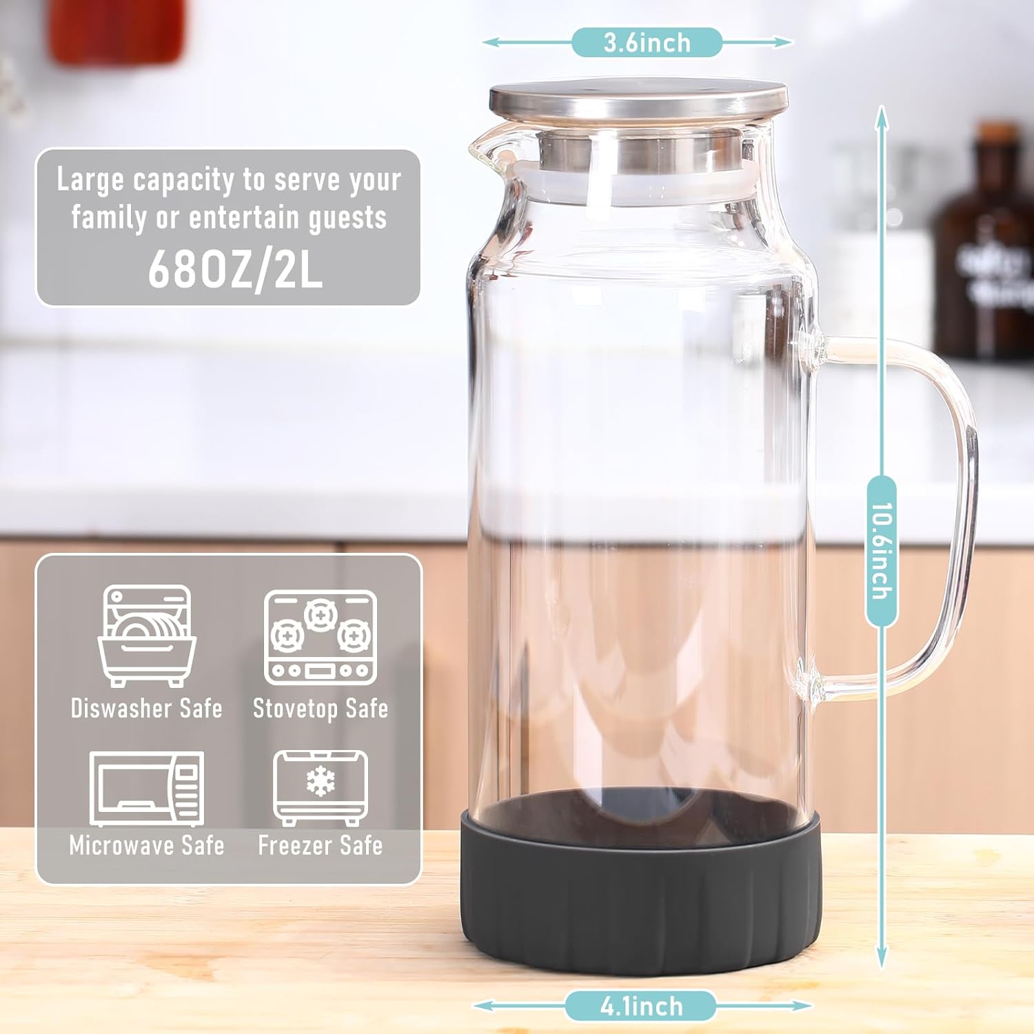 Jarra de vidrio con tapa, jarra de agua de vidrio calientefría con asa, jarra de vidrio para refrigerador, té helado, café, jugo, bebidas caseras