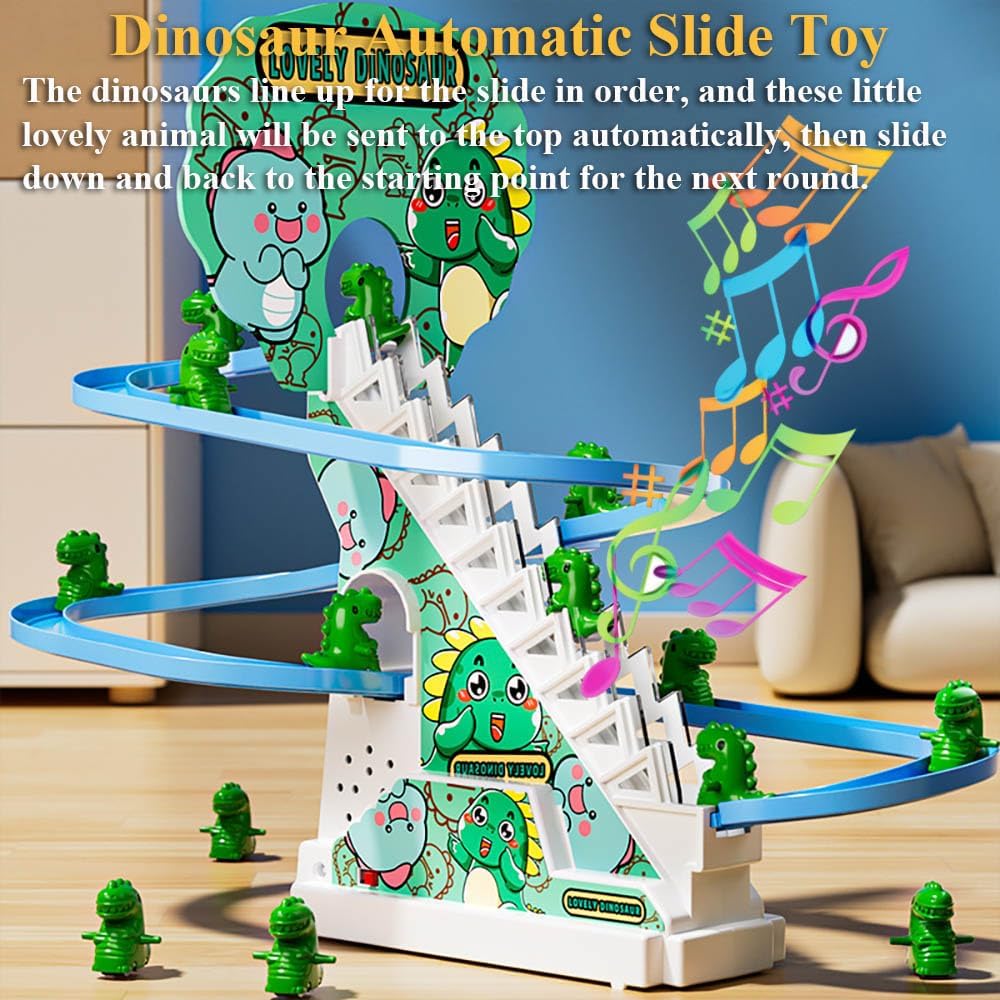 Juego de juguetes de diapositivas de dinosaurio, divertido juguete de dinosaurio escalera mecánica de dinosaurio automático para subir escaleras