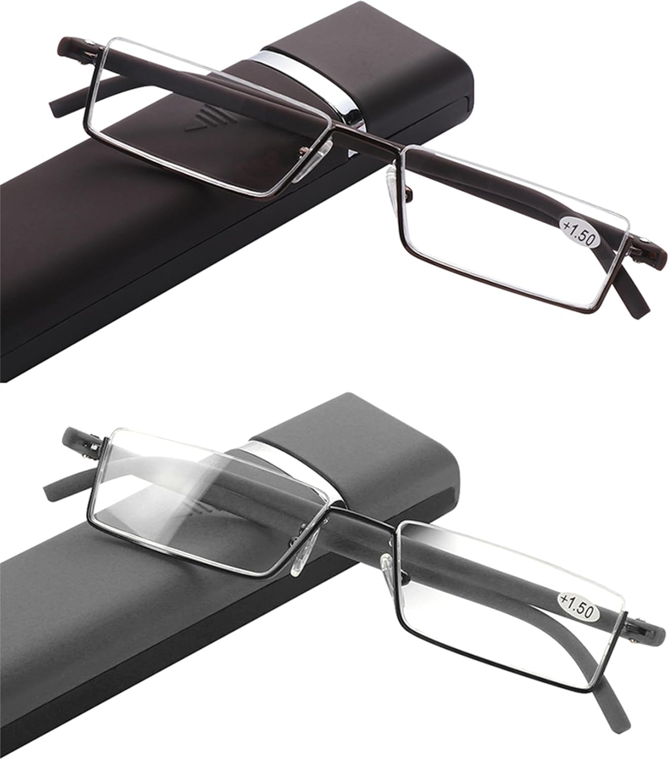 Lentes de lectura de medio marco con estuche portátil, lentes de lectura delgados y ligeros para mujeres y hombres (2 pares 1.5)