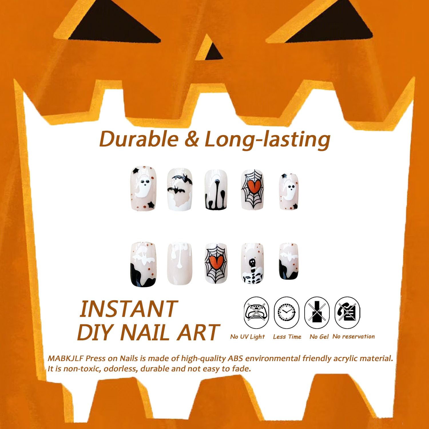 Uñas postizas a presión para Halloween, uñas postizas cuadradas cortas con punta francesa, color nude, cobertura completa, murciélagos fantasmas,