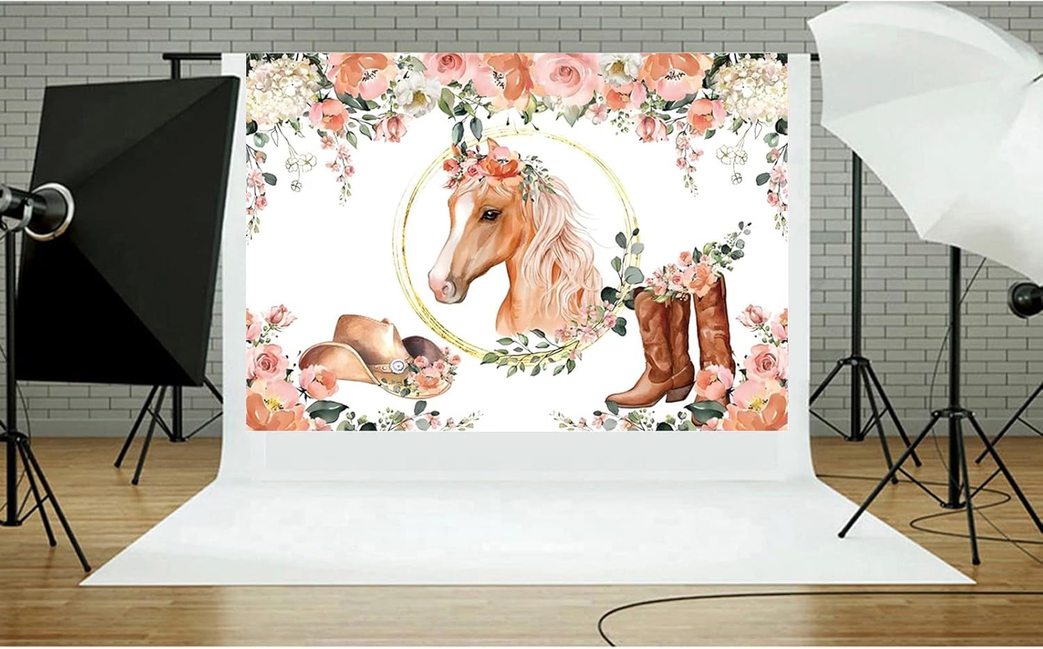 Fondo de cumpleaños para fiesta de caballo de vaquera de 7 x 5 pies, suministros de decoración de fiesta de baby shower, anillo dorado, hoja de