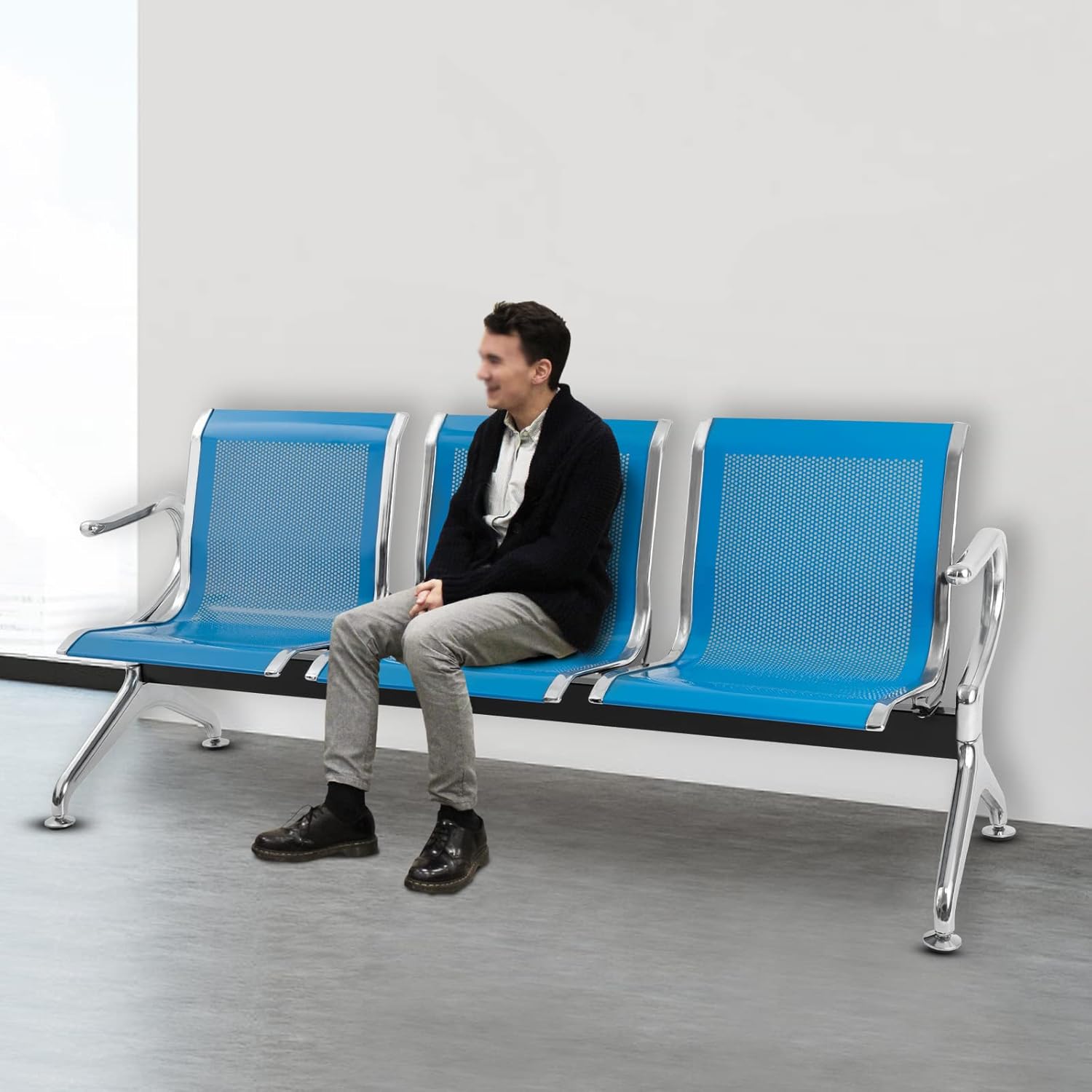 Sillas de recepción para sala de espera con brazos para oficina, aeropuerto, hospital, banco, conferencia de negocios (3 asientos, azul)