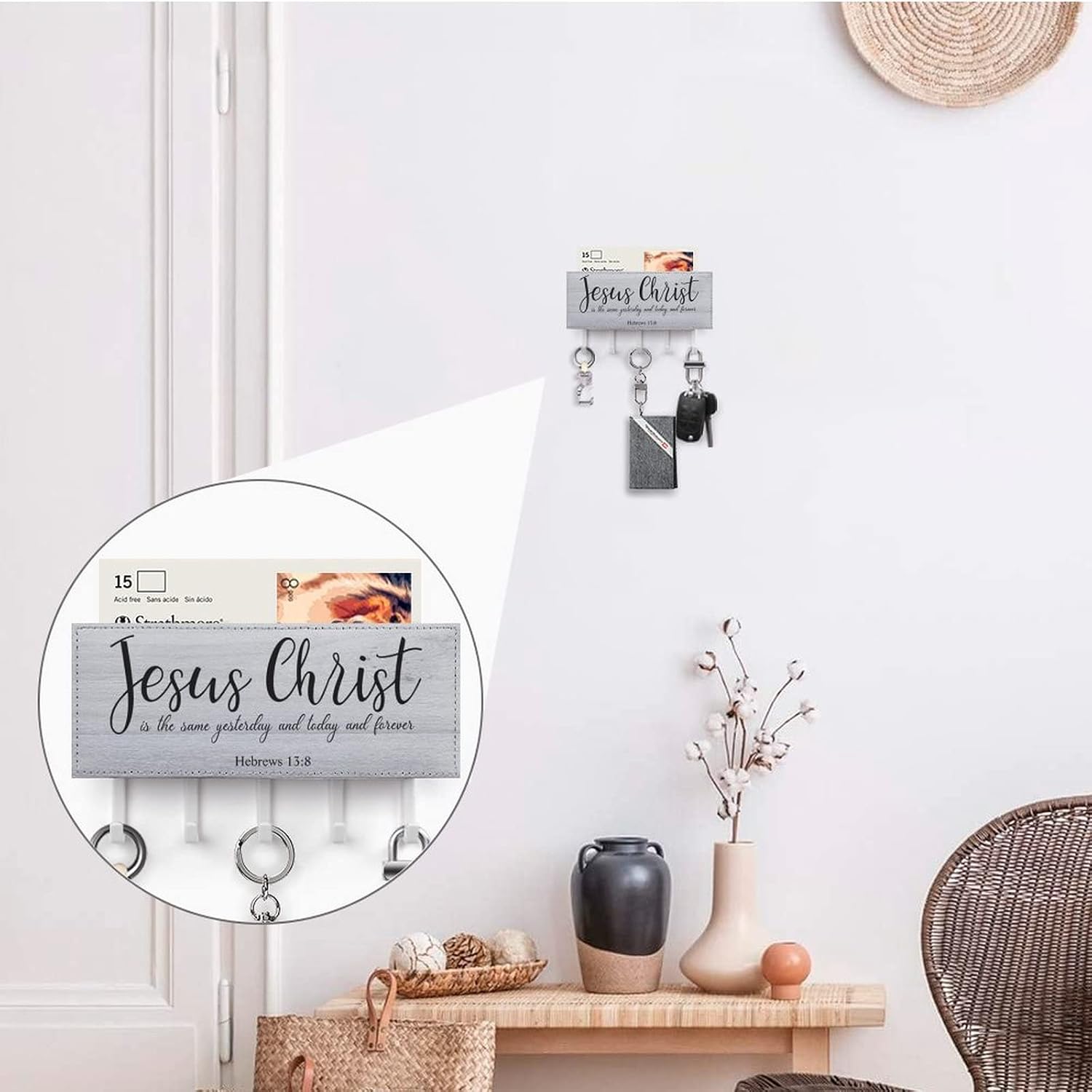 Jesucristo es el mismo ayer – Soporte para llaves de montaje en pared, con cita cristiana, organizador de llaves autoadhesivo, decoración retro del