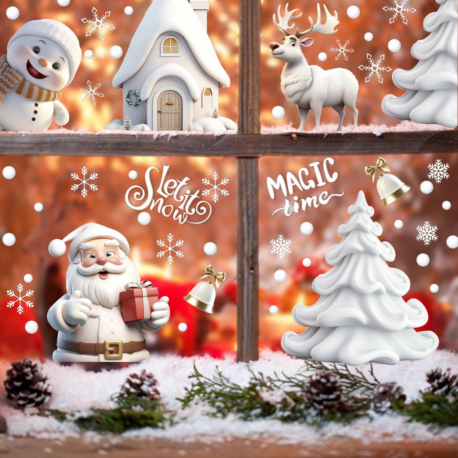Adhesivos de ventana de Navidad, calcomanías de ventana de Navidad 3D, color blanco, de doble cara para decoración de ventanas de Navidad (8 hojas)