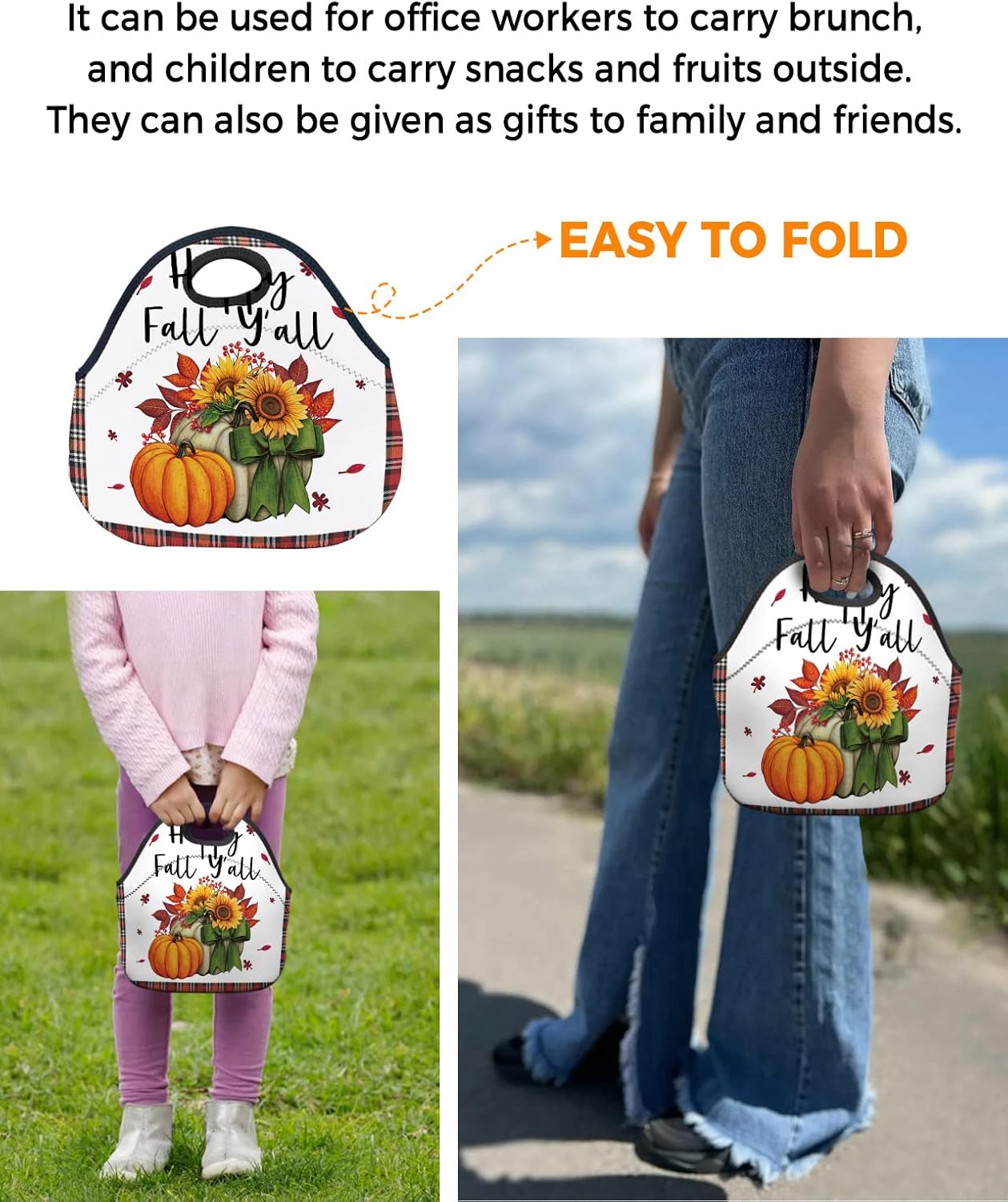 Reusable Neoprene Lunch Bag, Happy Fall Y’all Sunflowers Pumpkin Buffalo Plaid Soft Thermal Meal Tote, Lightweight Washable Insulated Lunch Pouch