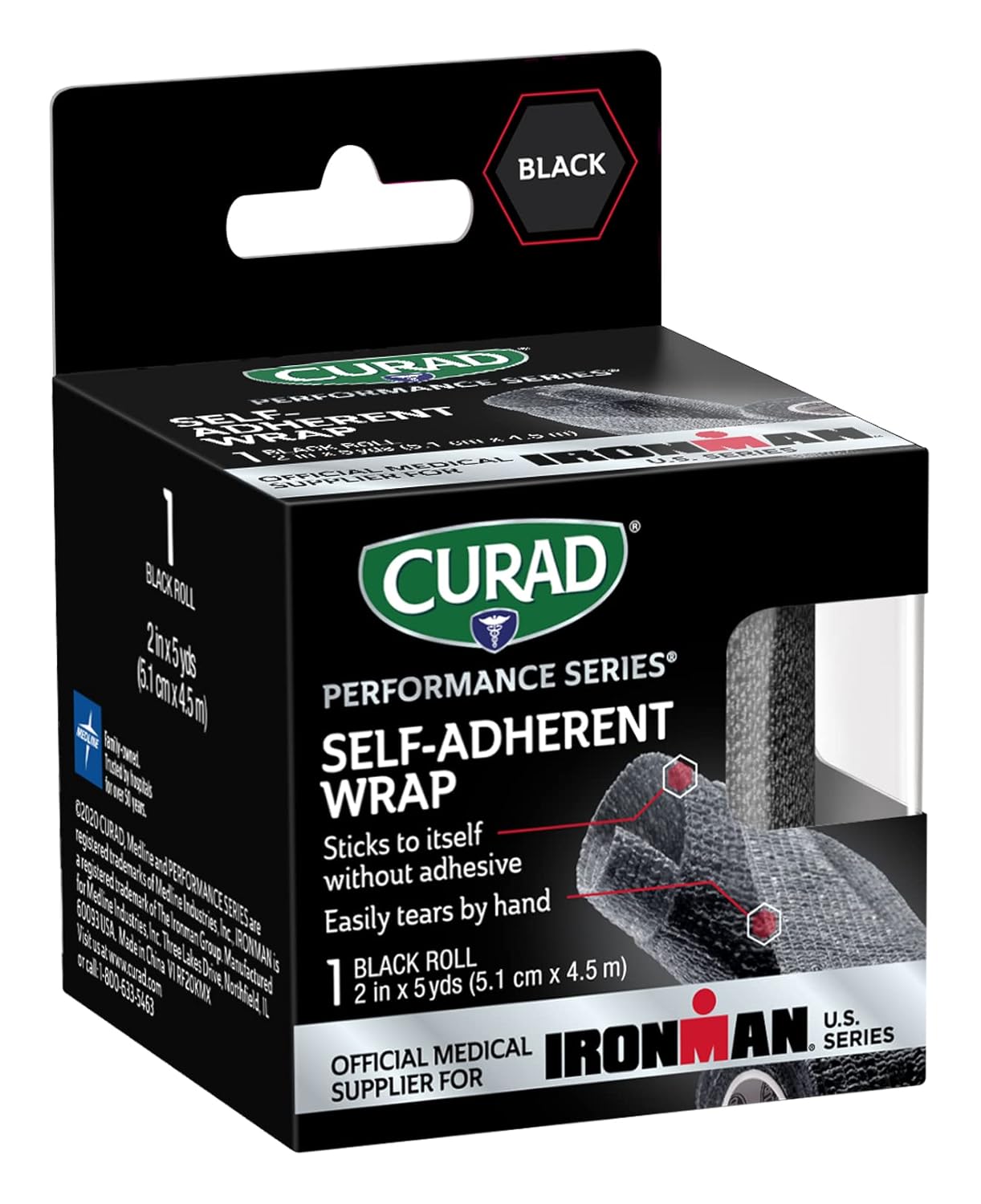 CURAD IRONMAN – Envoltura atlética autoadherente, proveedor médico oficial de IRONMAN, negro, 2 pulgadas x 5 yardas, soporte de compresión para
