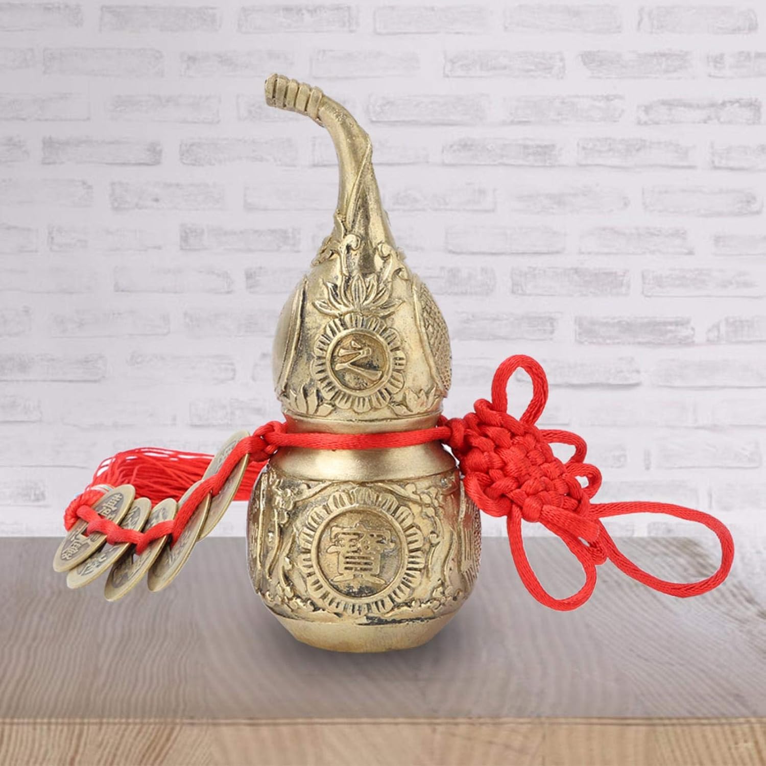 TOPINCN Wu Lou Cucurbit con 5 monedas Feng Shui latón adornos de calabaza de buena suerte Wu Lou calabaza de latón para el hogar Feng Shui