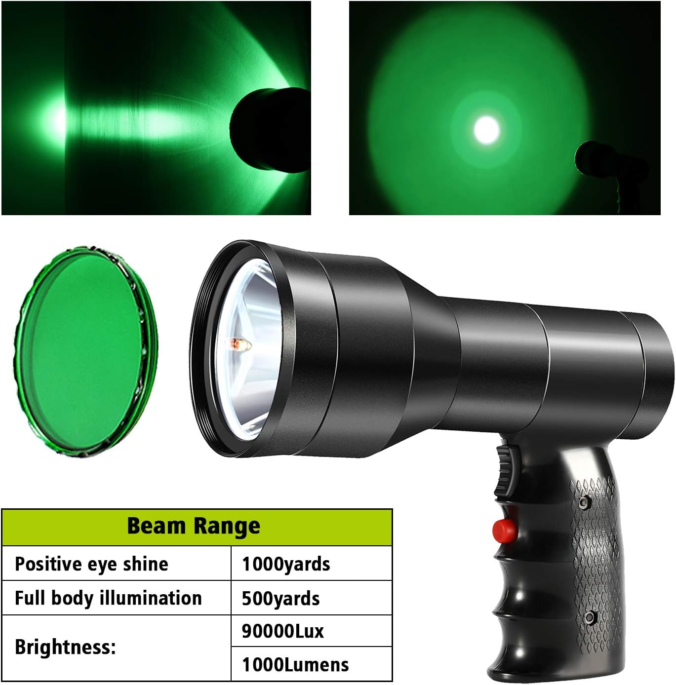 GearOZ Linterna de foco de caza, 90000LUX luz de punto recargable IP68 impermeable de mano LED luz de caza con filtro rojo verde para caza coyotes