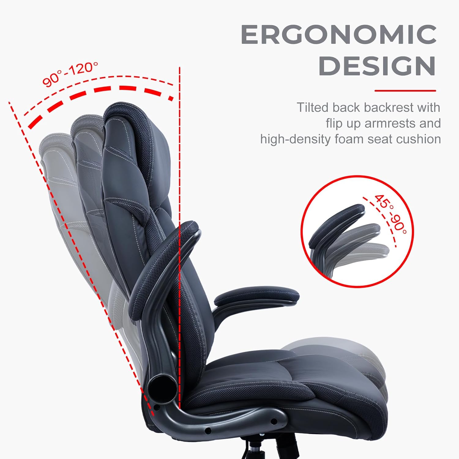 CLATINA Silla ergonómica de oficina con respaldo alto de piel sintética, brazos abatibles, reposacabezas grueso, soporte lumbar, giratorio, silla de