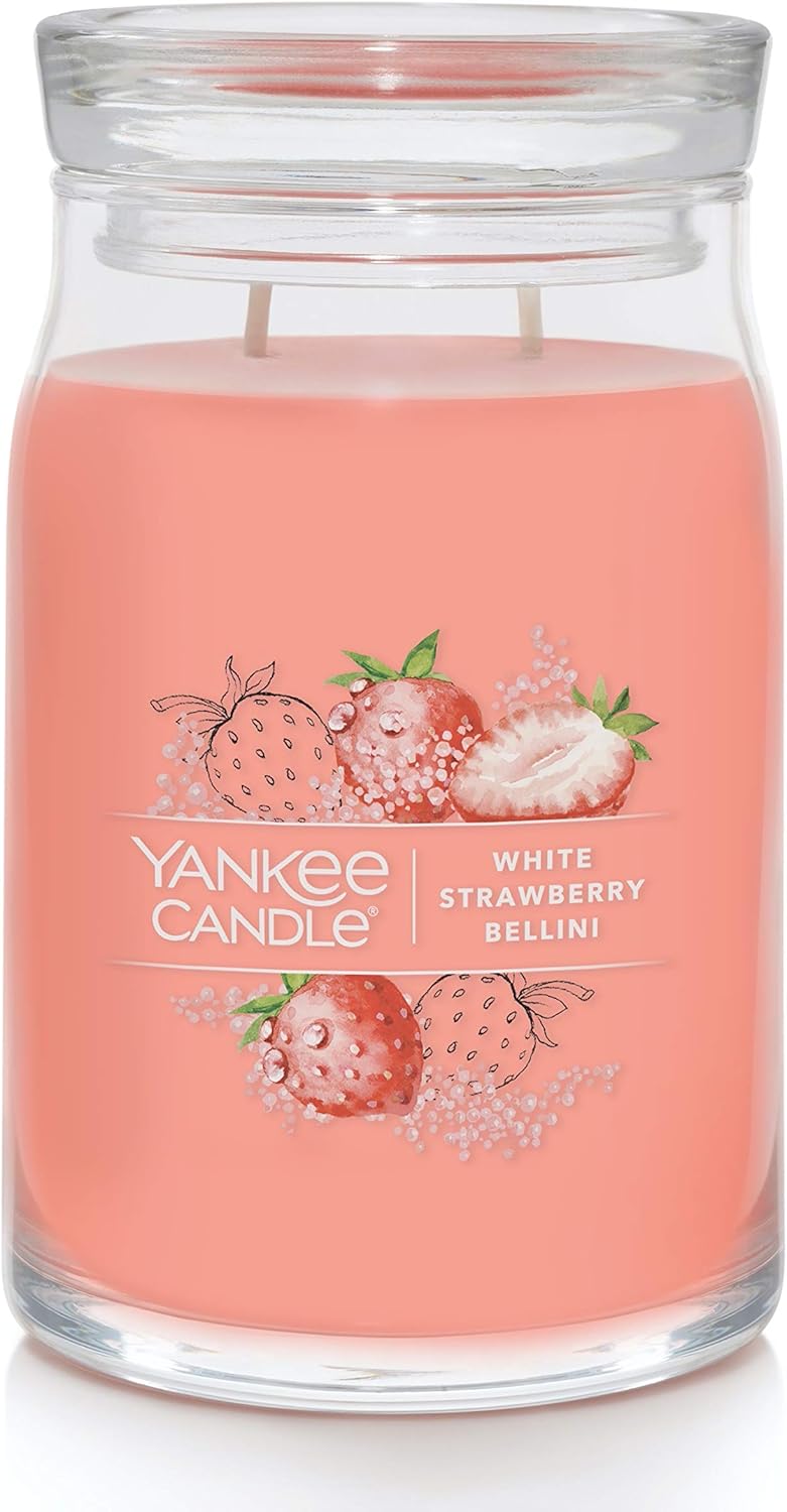 Yankee Candle Signature 1630695 – Veladora distintiva en tarro de tamaño grande de fragancia White Strawberry Bellini