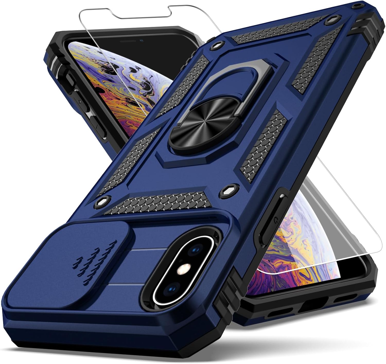 Funda para iPhone X, iPhone Xs, con protector de pantalla deslizante para cámara HD, protección de cámara soporte giratorio magnético funda