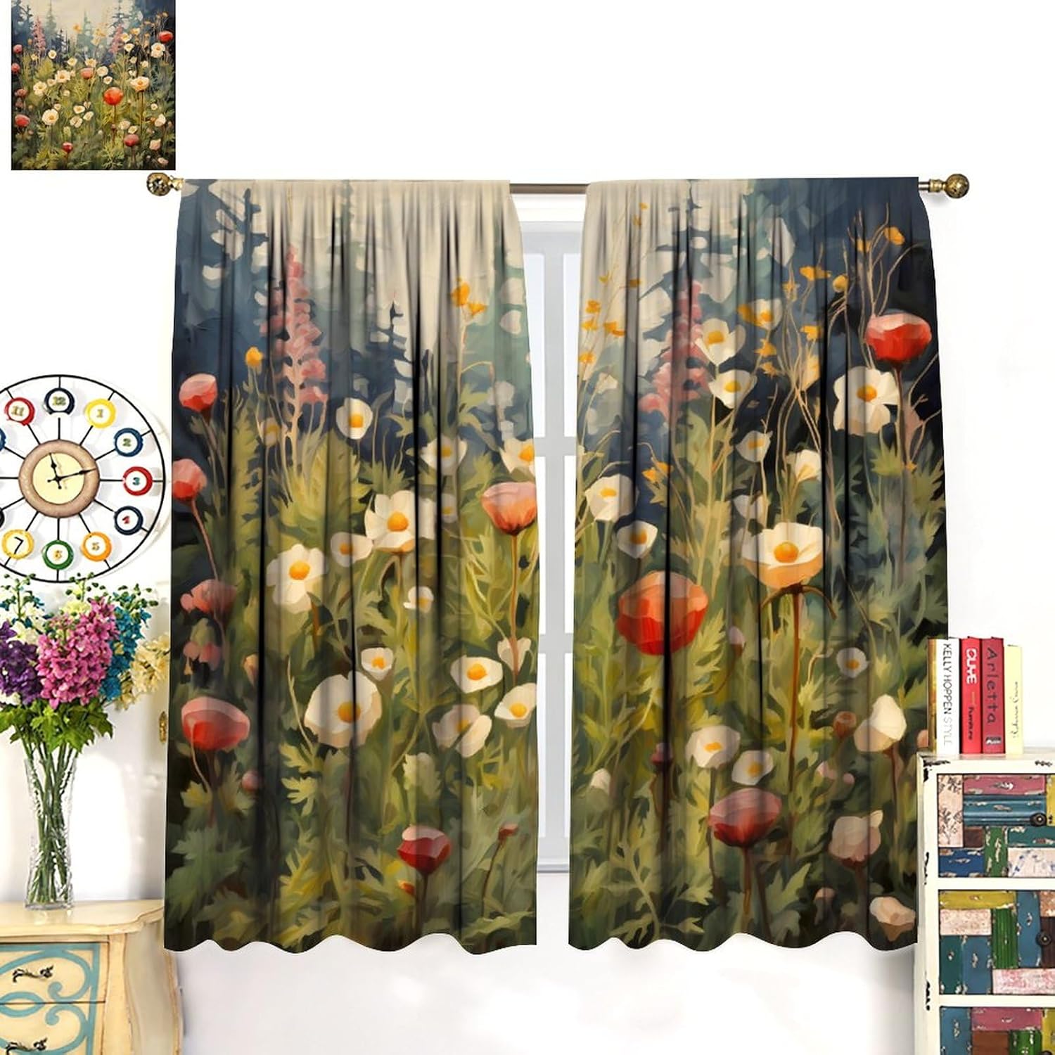 Cortinas florales, panel de cortina de flores silvestres de acuarela para primavera y verano, cortinas de ventana de plantas naturales con ojales