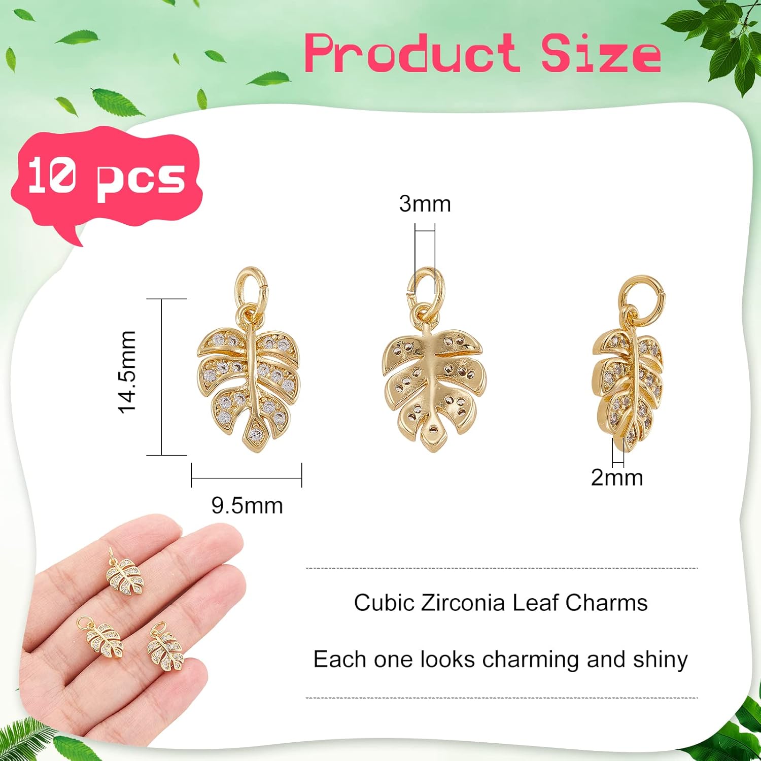 DanLingJewelry 10 dijes de latón de circonita cúbica con diamantes de imitación de hoja de Monstera para hacer joyas, gargantilla, colgante pequeño