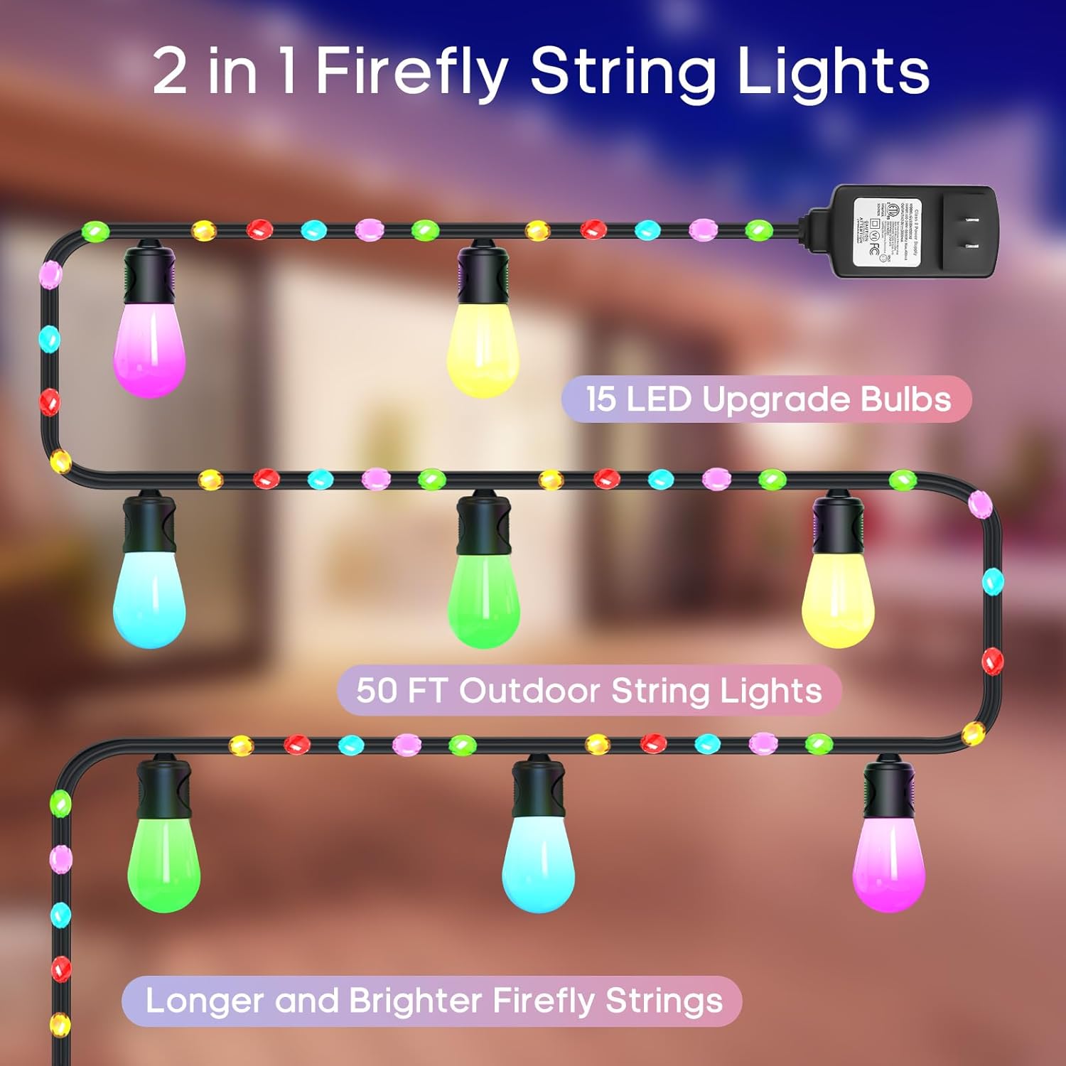Nopoor Guirnalda de luces inteligentes para exteriores, bombillas LED RGB de 50 pies de color blanco cálido, luces de patio WiFi funcionan con