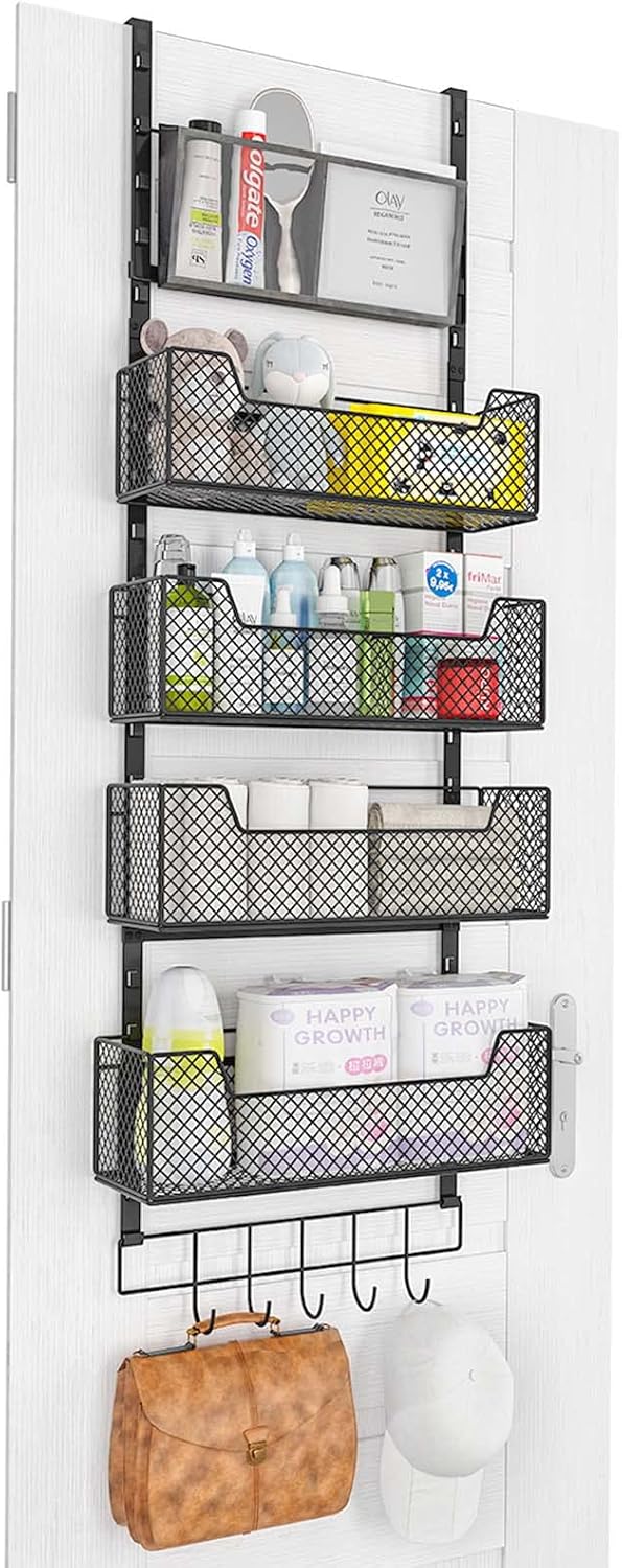 Organizador ajustable sobre la puerta, almacenamiento de puerta colgante con 4 cestas de metal y soporte de pared de bolsillo de PVC, fuerte soporte