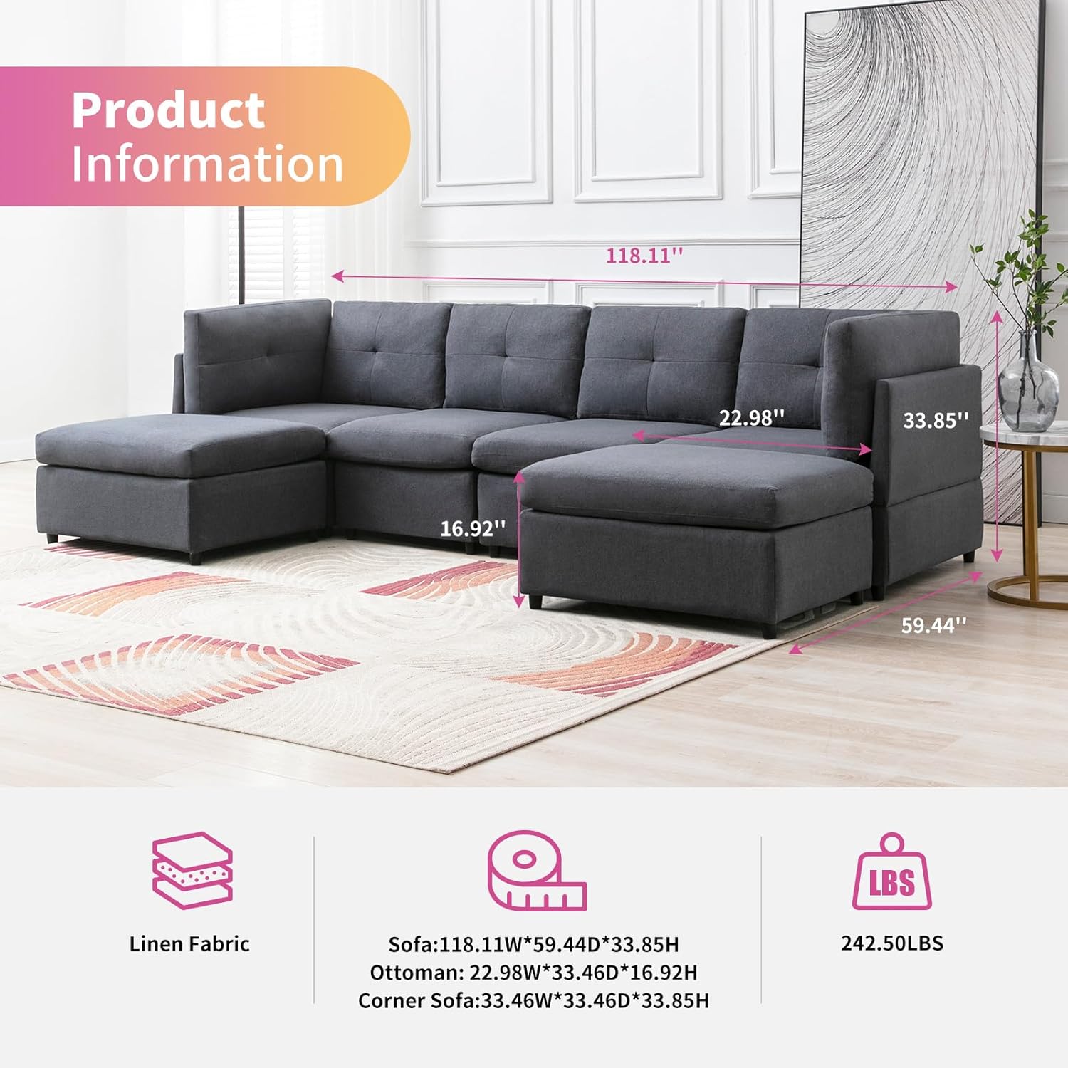 FRETSAE Sofá modular seccional, sofá convertible en forma de U con otomanas extraíbles, diseño capitoné, sofá modular de 6 asientos para sala de