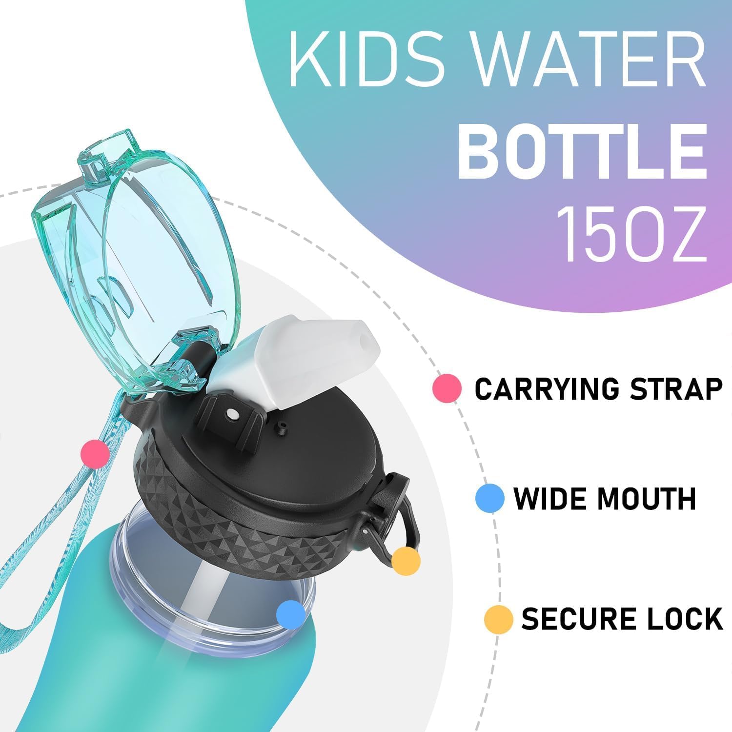 GOPPUS Botella de agua para niños con tapa de boquilla de pajilla, 10 calcomanías de 17 onzas, a prueba de fugas, sin BPA, marcador de tiempo