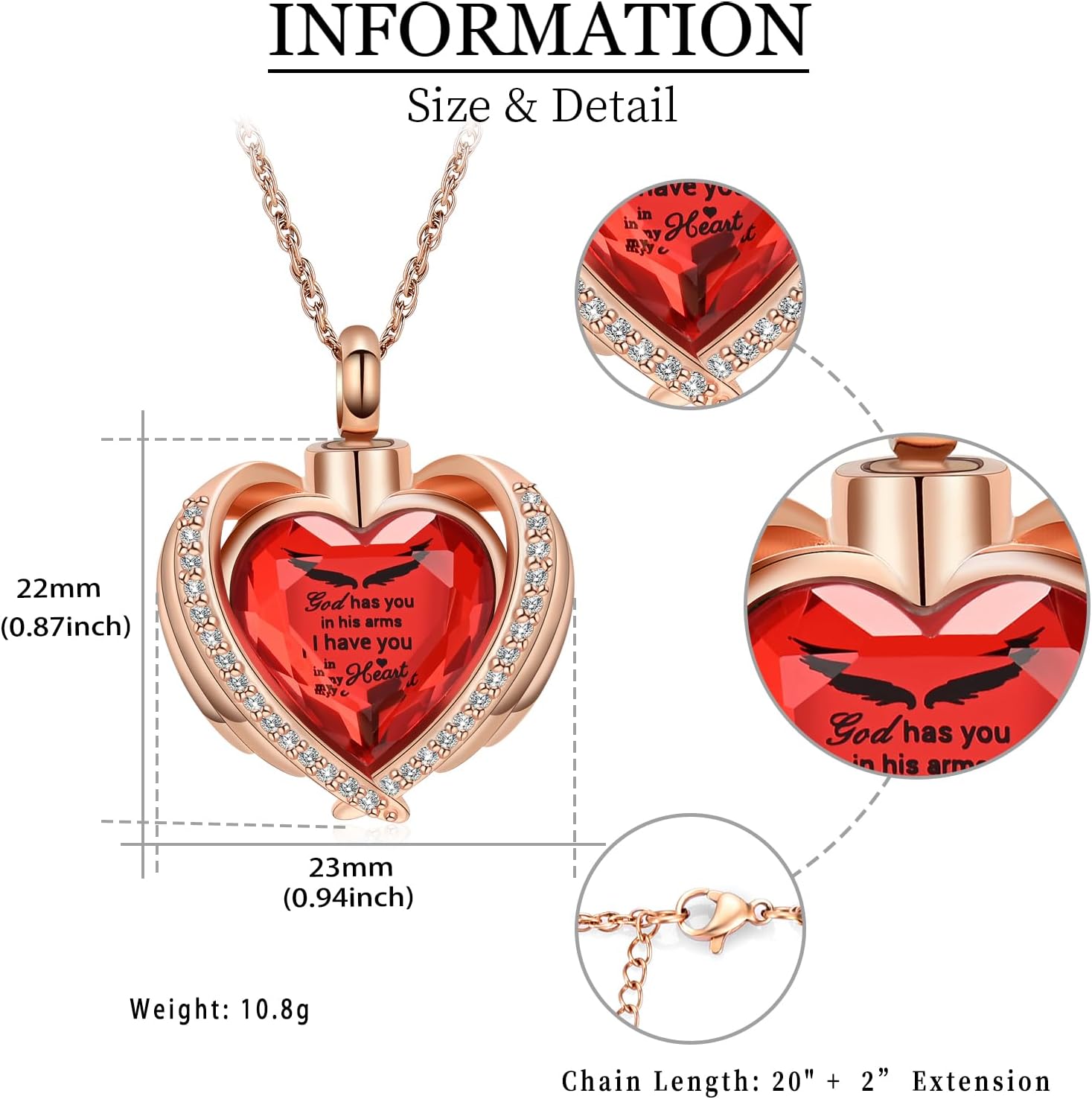 shajwo Collar de cenizas de urna de corazón de ala de ángel para mujeres y hombres, piedra natal amada, colgante conmemorativo