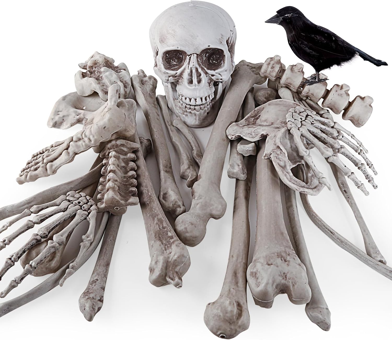 Decoraciones de Halloween 28 piezas de huesos de esqueleto y calavera con cuervo para decoración al aire libre, aterradores rompedores para
