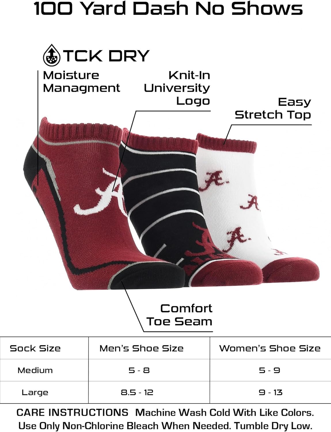 Alabama Crimson Tide – Calcetines invisibles para campo completo, paquete de 3
