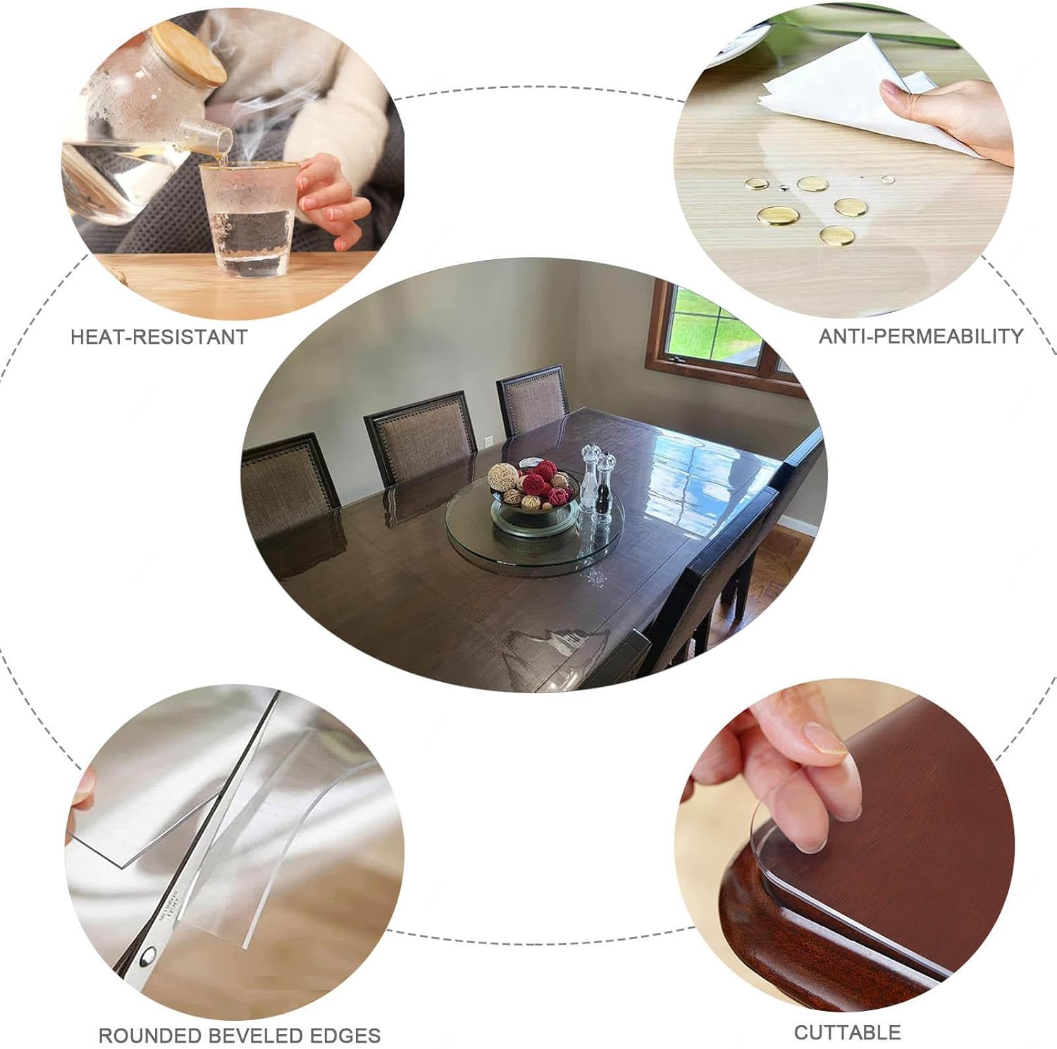 PVC Dining Table Cover Protector,Clear tablecloths for Rectangle Tables,Vinyl Waterproof Protector mat,Transparent Soft Glass,1mm