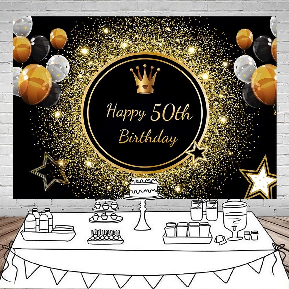 Telón de fondo de feliz cumpleaños 50 de 7 x 5 pies, poliéster negro y dorado con purpurina Bokeh, corona de fondo para fotografía, reina de 50