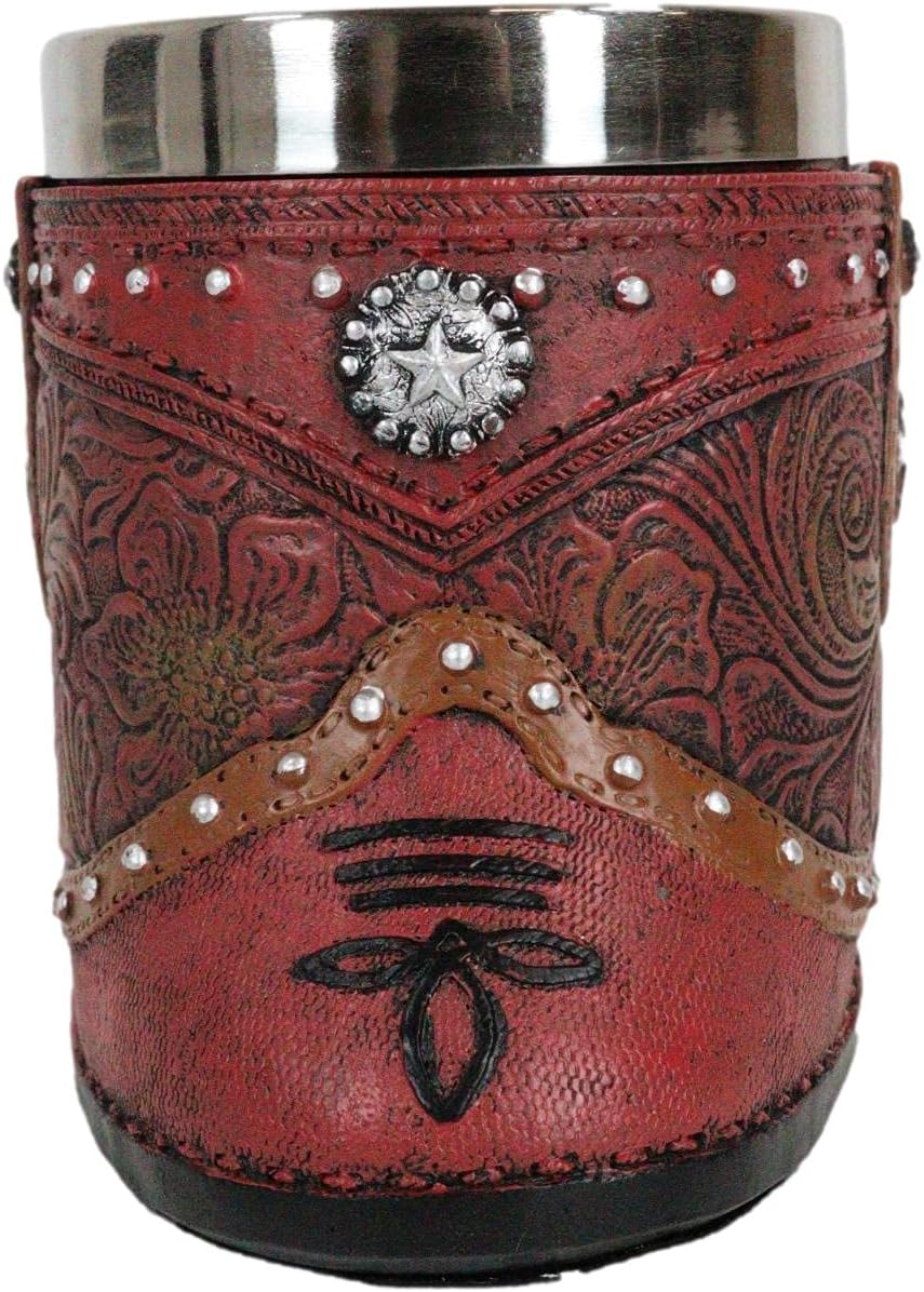 Ebros Gift Bota rústica de vaquera occidental con taza de café con estrella solitaria en piel sintética con acabado floral de desplazamiento floral