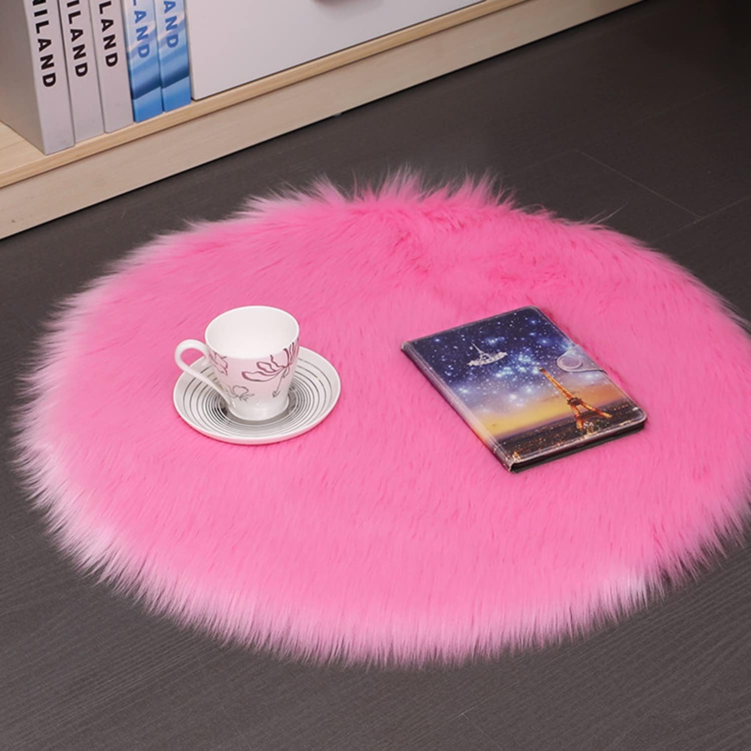 Alfombra redonda de piel sintética con círculos de color rosa y esponjosa, alfombra circular de felpa para el suelo, para dormitorio, sala de estar,