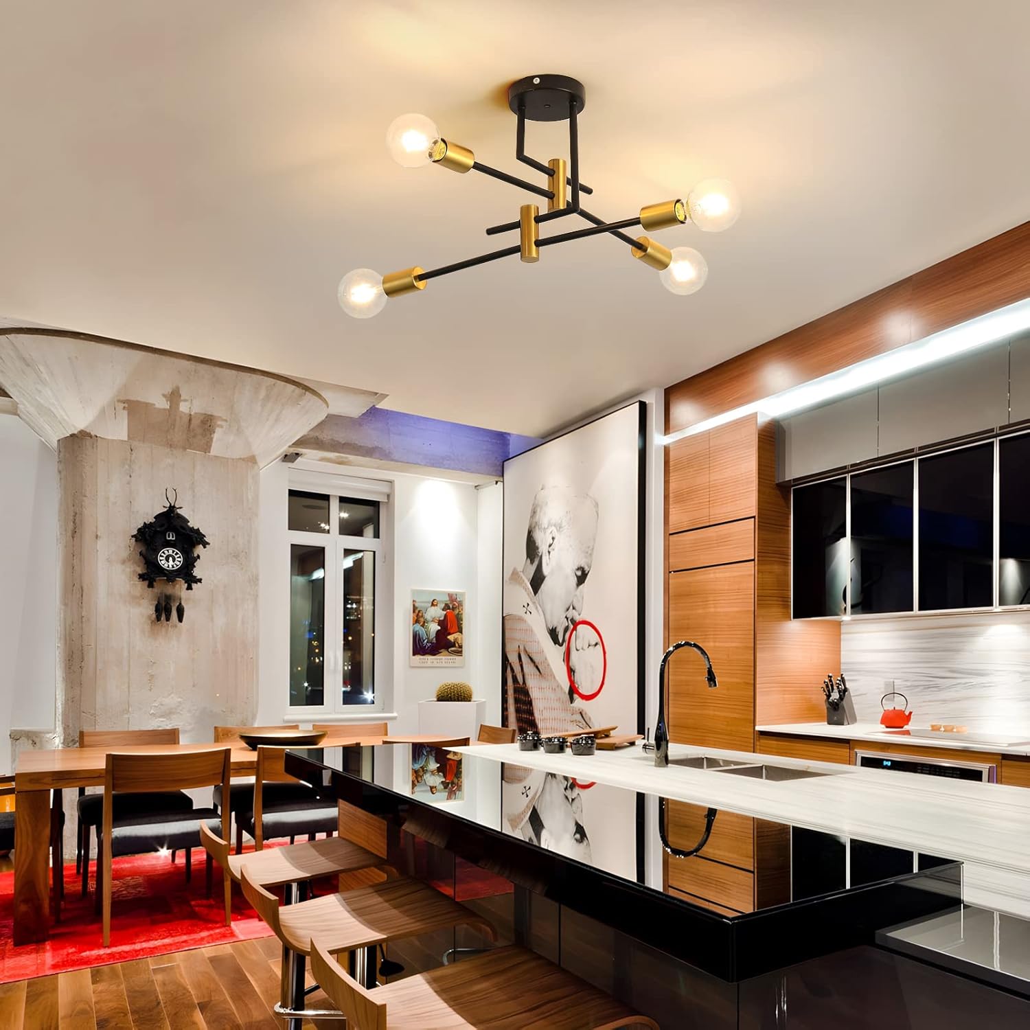 DELIPOP Sputnik – Lámpara de techo Sputnik moderna de 4 luces negras y doradas, lámpara de techo E26 de metal industrial semiempotrada para