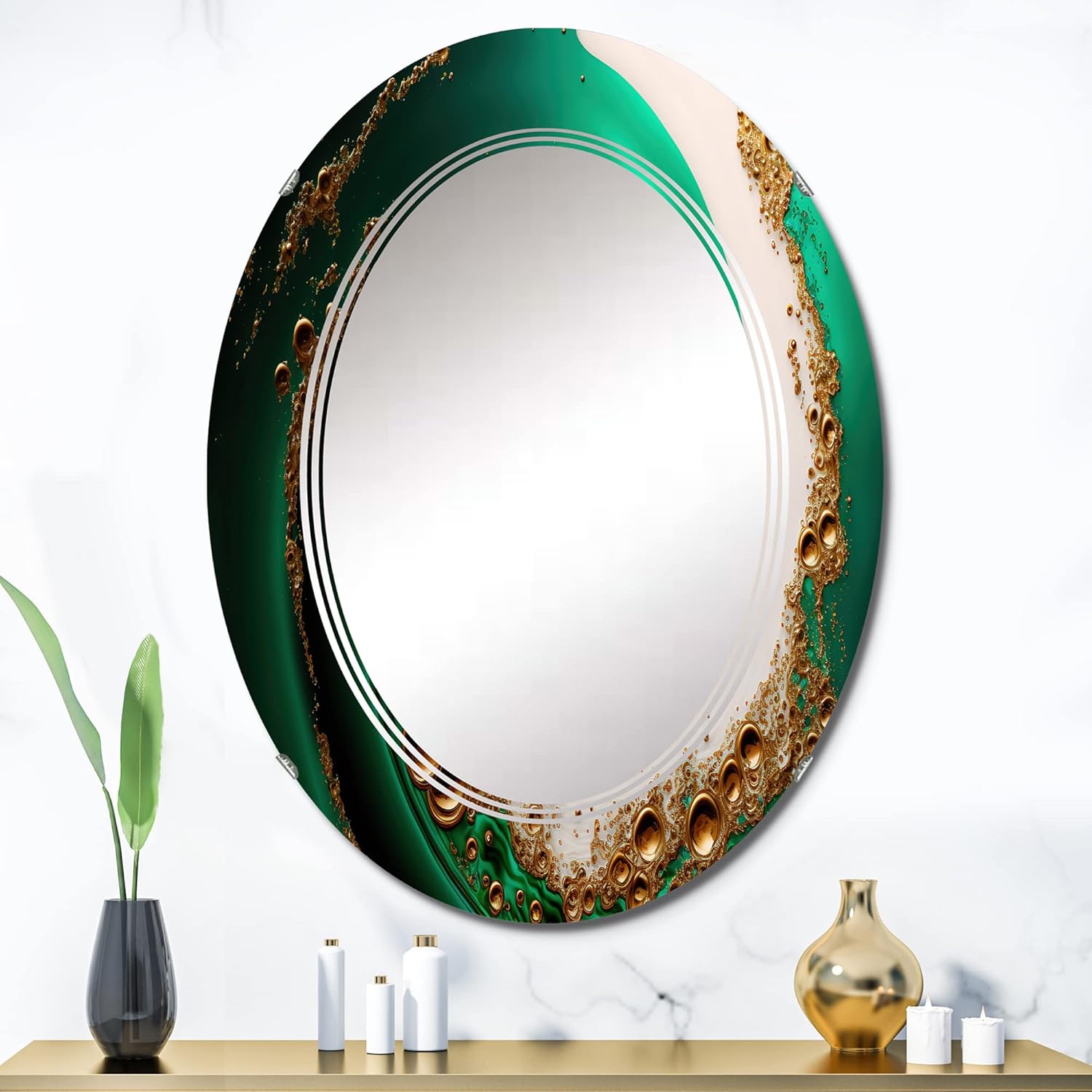 DesignQ Espejo de tocador verde y dorado con ondas estrelladas, espejo de baño, espejos de pared para sala de estar, dormitorio, espejo ovalado,