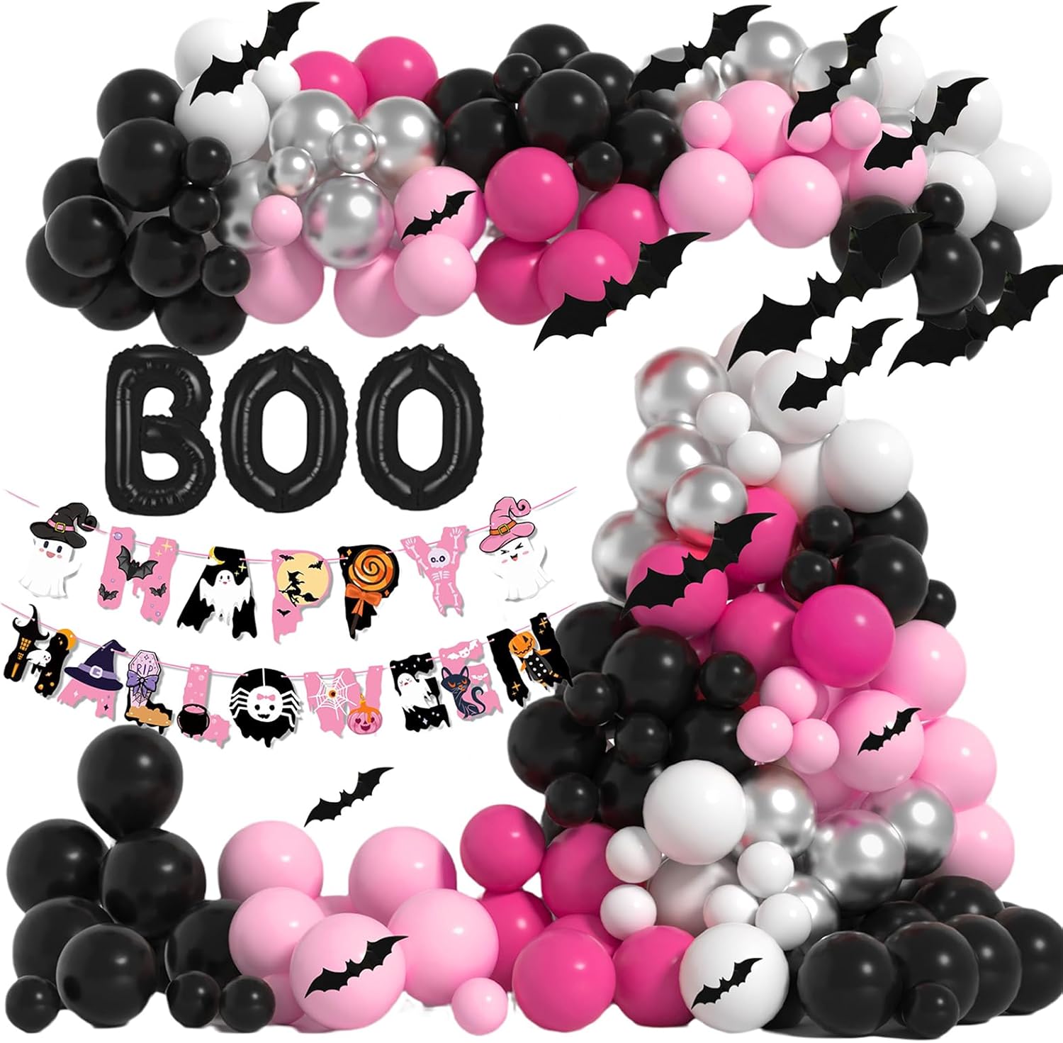 Decoración de fiesta de Halloween rosa, kit de arco de globos de Halloween con globos negros, rosa, blanco y plateado, guirnalda de globos de