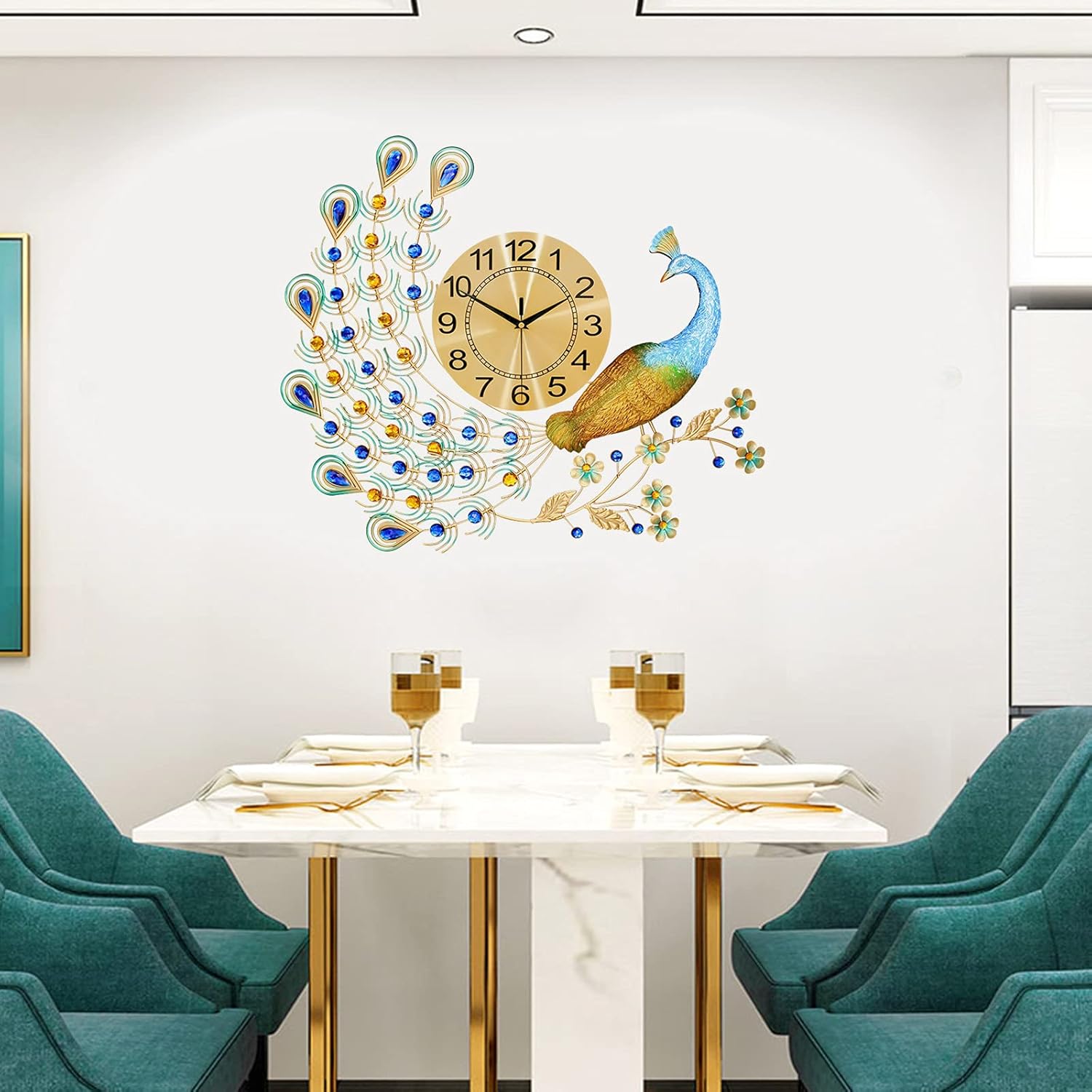 Large Peacock Wall Clock, 27.5 inch Luxury Peacock Clocks Silent Movement Wrought Iron and Metal Dial 3D Silent Wall Clocks Battery Operated Large