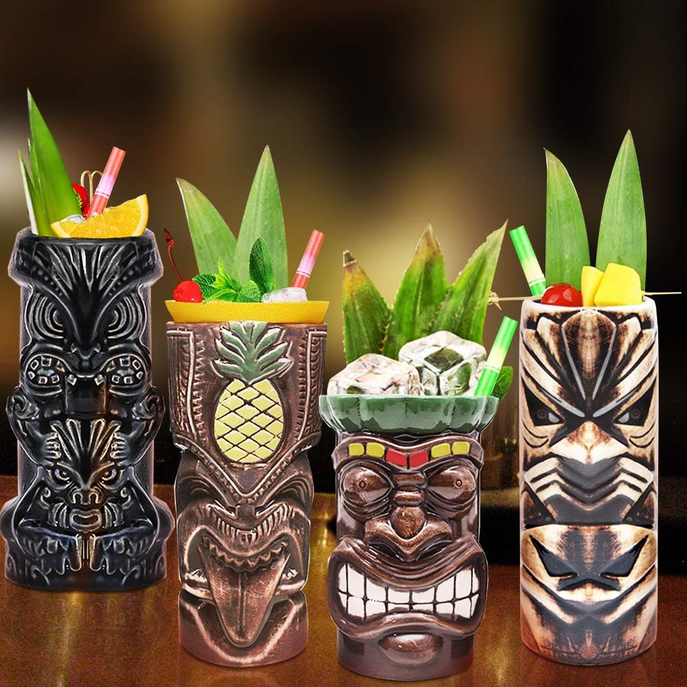 Tiki Mugs – Juego de 4 vasos grandes de cerámica hawaiana Luau para fiesta, lindos vasos de cóctel exóticos, Tiki Bar profesional hawaiano fiesta