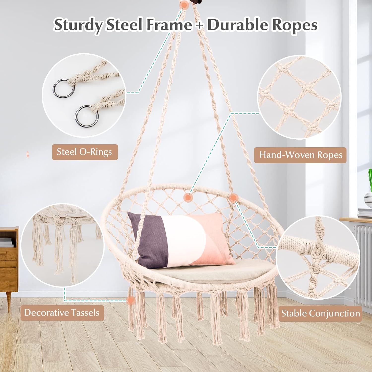 Tangkula Silla hamaca con cojín, estilo bohemio de macramé con kit de accesorios para colgar y correa, columpio de cuerda colgante para interiores y