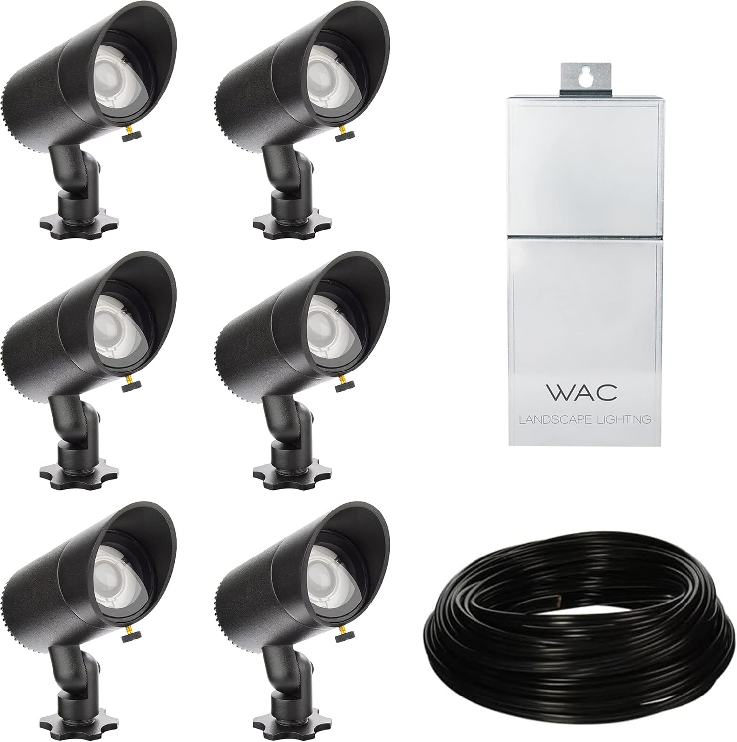 WAC – Kit de iluminación de paisaje LED de 12 V con fuente de alimentación de 150 W, carrete de cable de 100 pies y 6 luces básicas de acento de 6 W