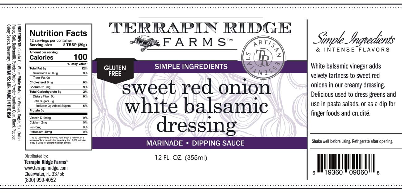 Terrapin Ridge Farms Gourmet – Aderezo balsámico blanco de cebolla roja dulce para ensalada de pasta, sándwiches, salsa para verduras y adobo, tres