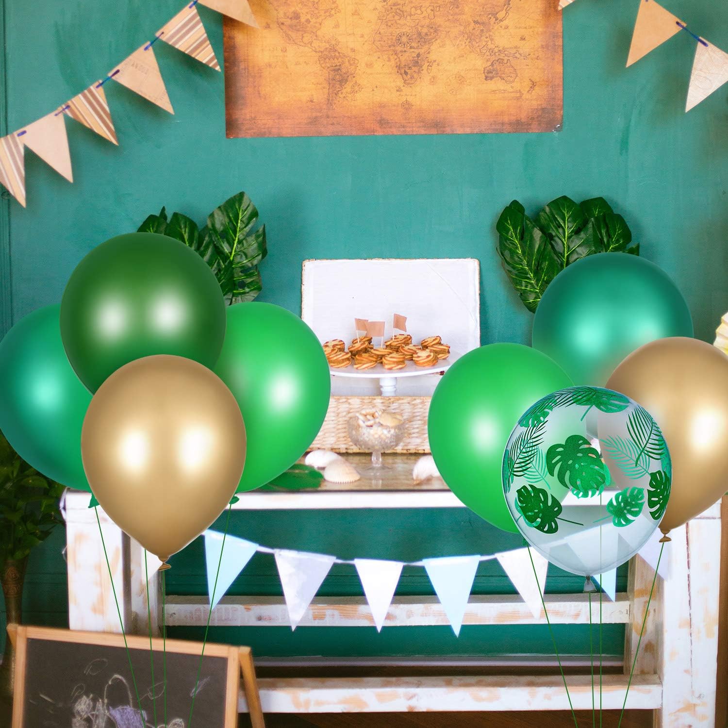 80 globos temáticos de safari en la selva, globos de hojas de palma, globos cromados metálicos, globos de látex verde para cumpleaños, suministros