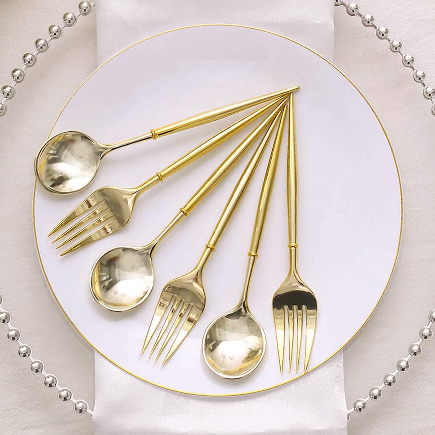 Efavormart – Juego de 24 utensilios de tenedorcuchara de plástico dorado metálico de 6 pulgadas, cubiertos desechables modernos y resistentes