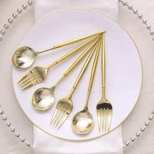 Efavormart – Juego de 24 utensilios de tenedorcuchara de plástico dorado metálico de 6 pulgadas, cubiertos desechables modernos y resistentes Efavormart – Juego de 24 utensilios de tenedorcuchara de plástico dorado metálico de 6 pulgadas, cubiertos desechables modernos y resistentes