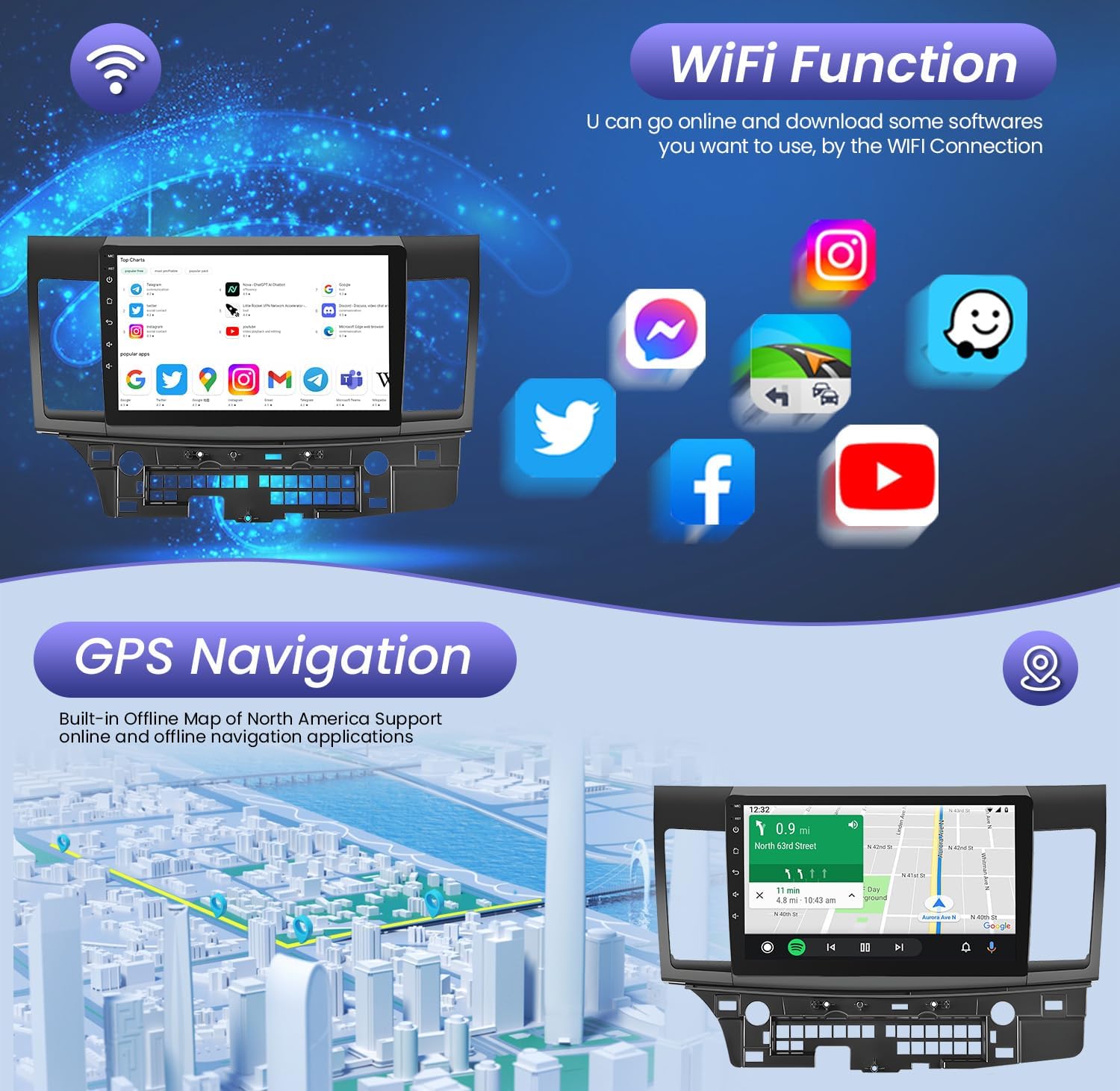 Radio de coche estéreo 2+32G para Mitsubishi Lancer Radio 2010-2015 con CarplayAndroid Auto, pantalla táctil HD IPS de 10 pulgadas con cámara de