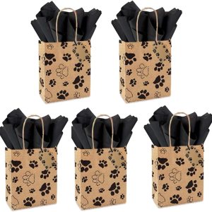 Chalkallaboutit Juego de 5 bolsas de regalo con estampado de huellas de pata con papel de seda (5) (Kraft con negro) Chalkallaboutit Juego de 5 bolsas de regalo con estampado de huellas de pata con papel de seda (5) (Kraft con negro)
