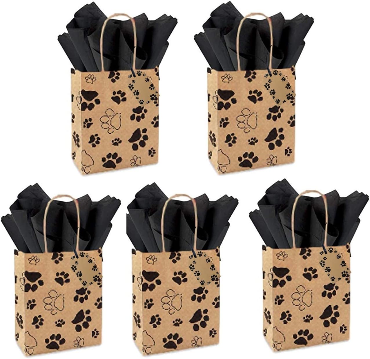 Chalkallaboutit Juego de 5 bolsas de regalo con estampado de huellas de pata con papel de seda (5) (Kraft con negro)