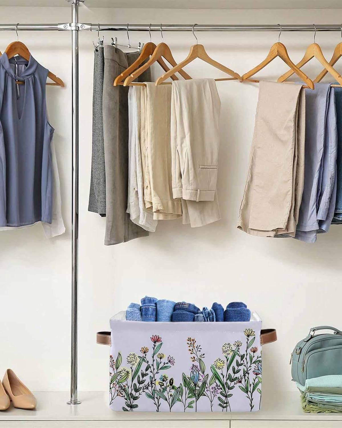 Cesta de almacenamiento floral de primavera para organizar estantes, cajas de almacenamiento plegables con asa, flores botánicas vintage moradas