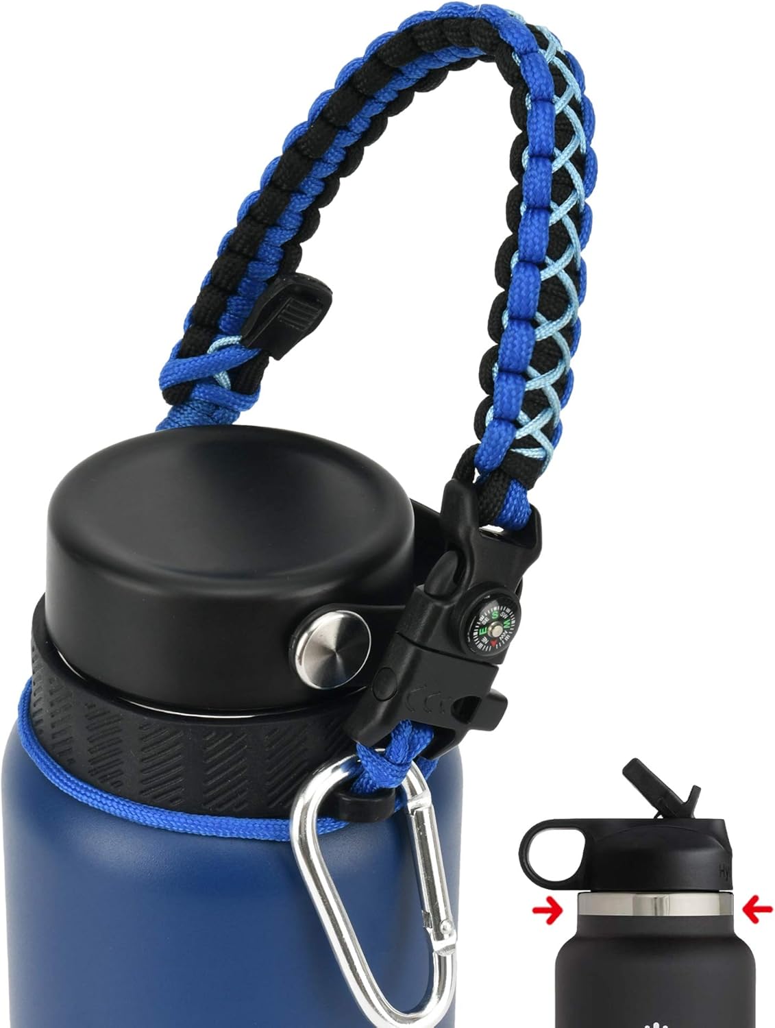 Asa de cuerda de paracaídas para botella Hydro Flask 2.0 de boca ancha estándar con anillo y mosquetón (12, 16, 18, 20, 32, 40 y 64 onzas)