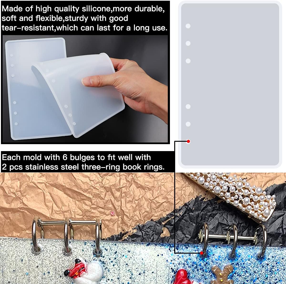 Kit de 5 moldes de fundición de resina para cuadernos, incluye 2 moldes de silicona A5 para cubierta de libro de resina, 2 anillos de carpeta de