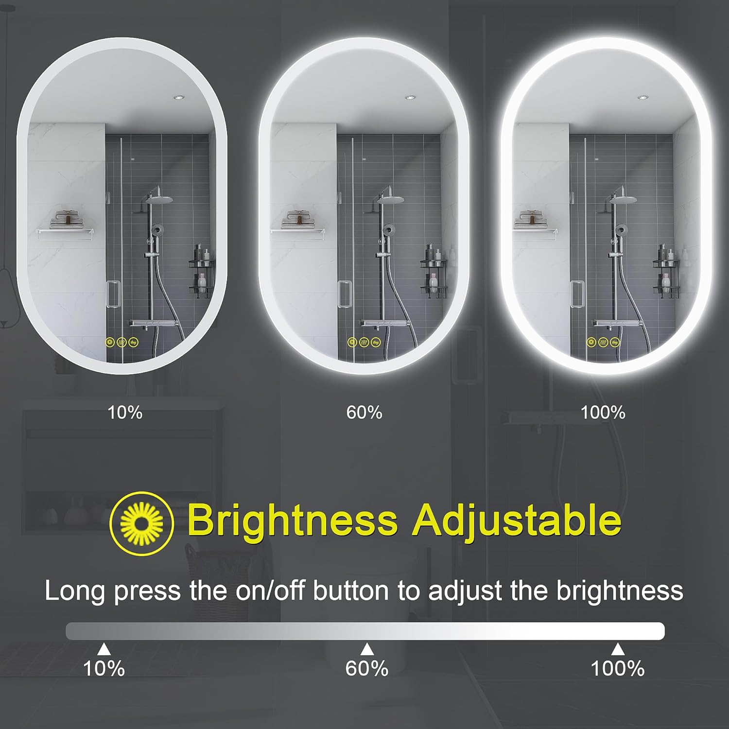 Espejo LED ovalado de baño de 24 x 36 pulgadas, espejo retroiluminado LED, tocador de baño con luces, 3 colores sin escalones, regulable,
